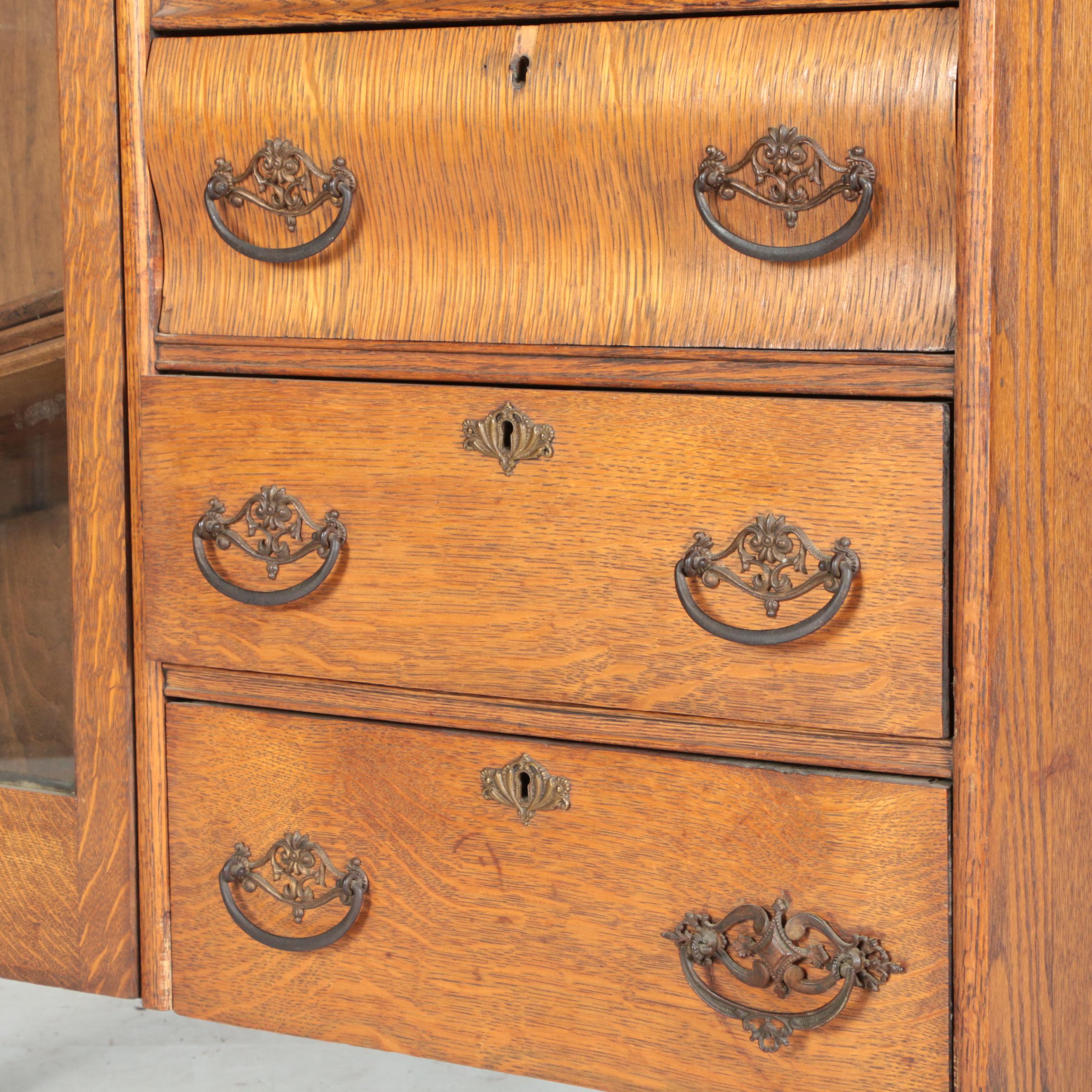Vintage Victorian Style Oak Side by Side Chifferobe with Fall Front and Mirror