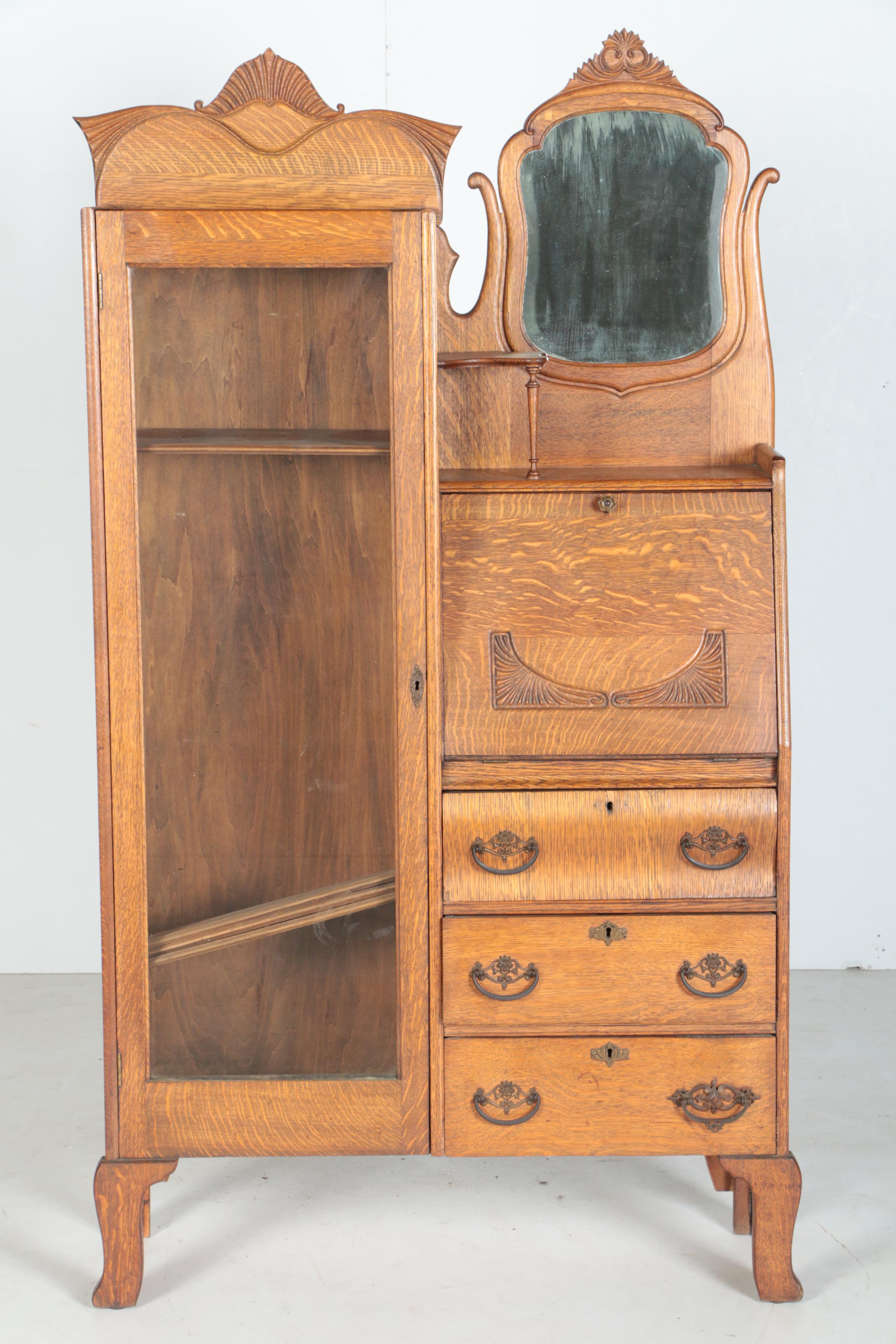 Vintage Victorian Style Oak Side by Side Chifferobe with Fall Front and Mirror