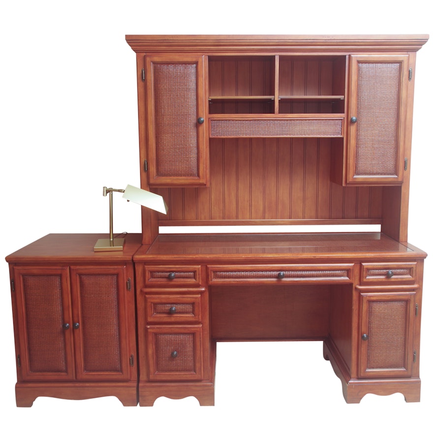 Kneehole Desk with Hutch, Lamp and Matching Storage Cabinet