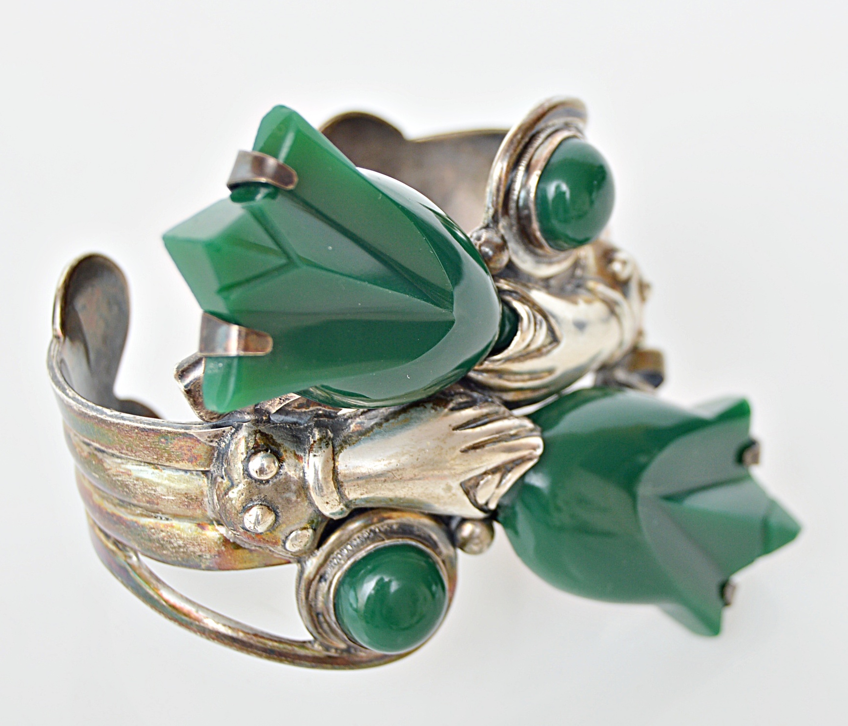 Vintage Taxco Sterling Silver and Green Glass Cuff