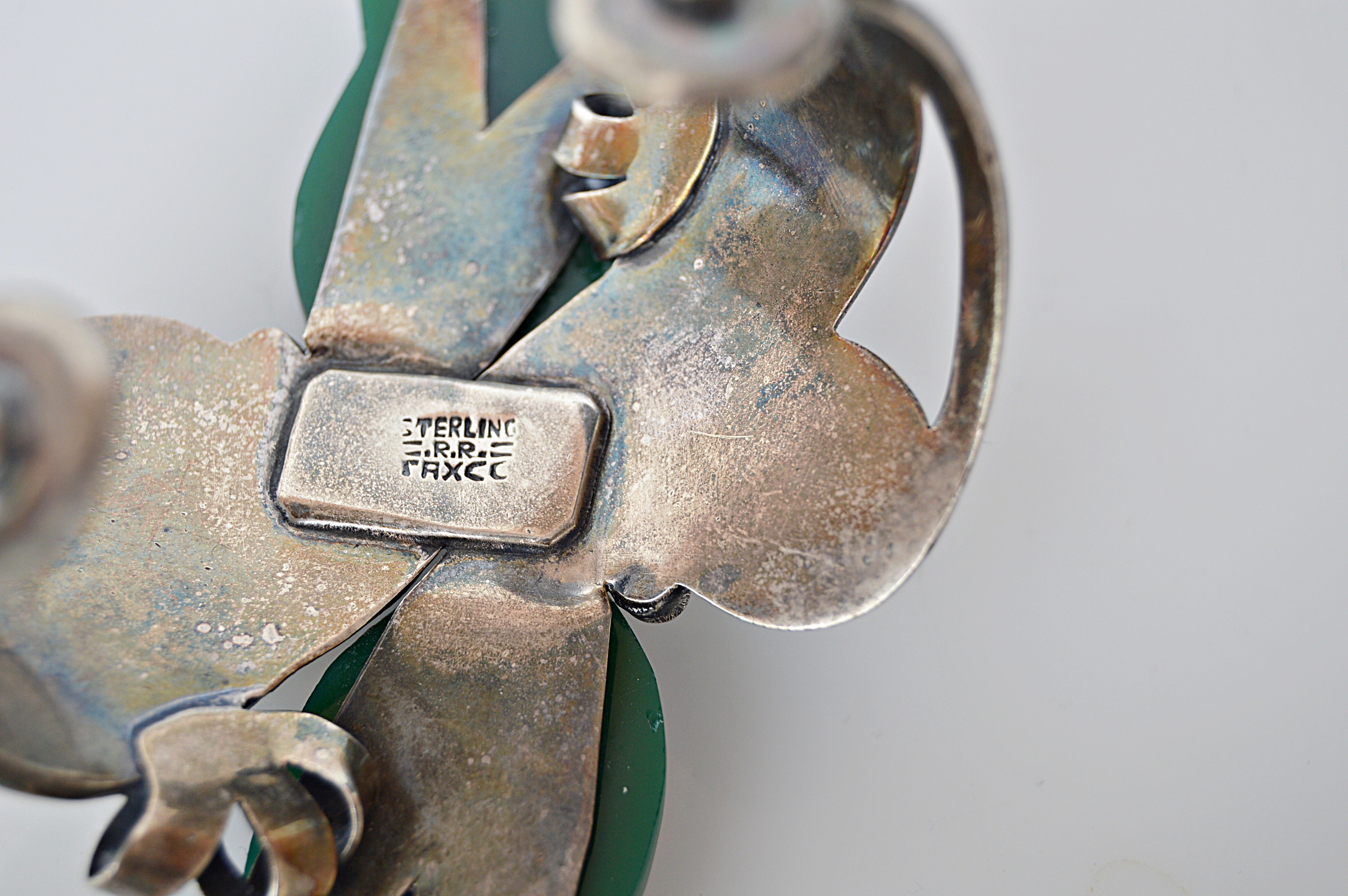 Vintage Taxco Sterling Silver and Green Glass Cuff