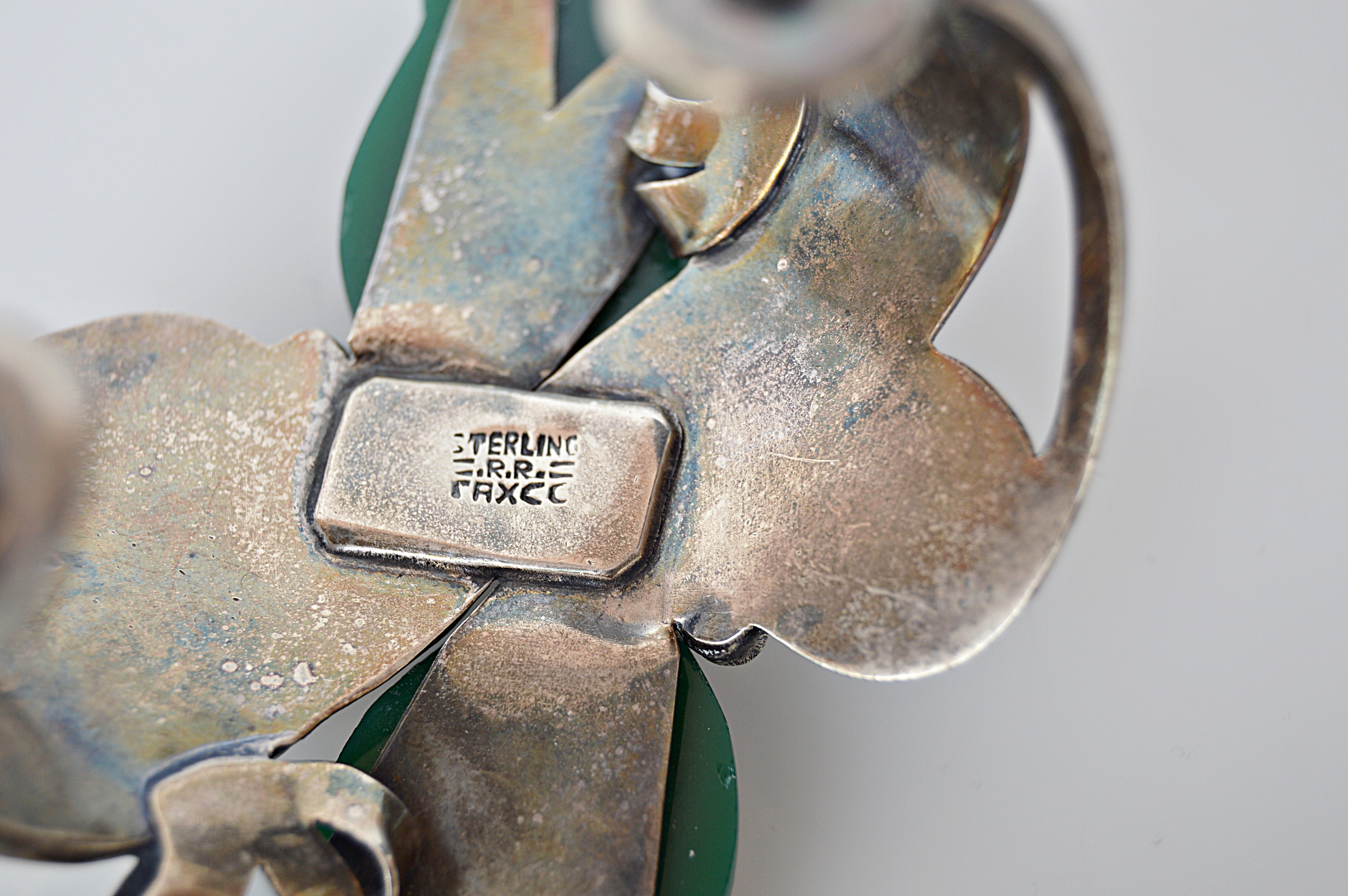 Vintage Taxco Sterling Silver and Green Glass Cuff