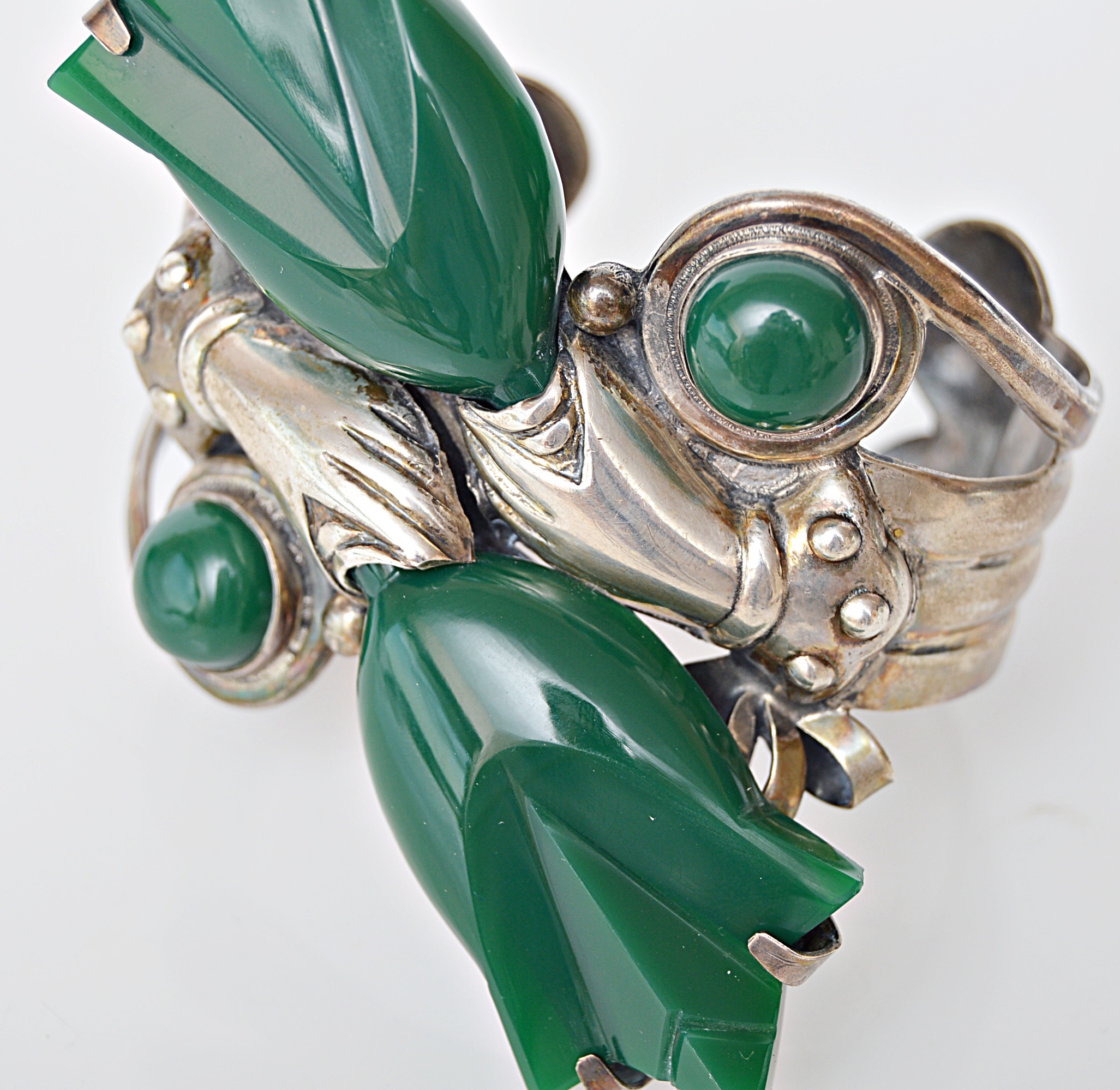 Vintage Taxco Sterling Silver and Green Glass Cuff