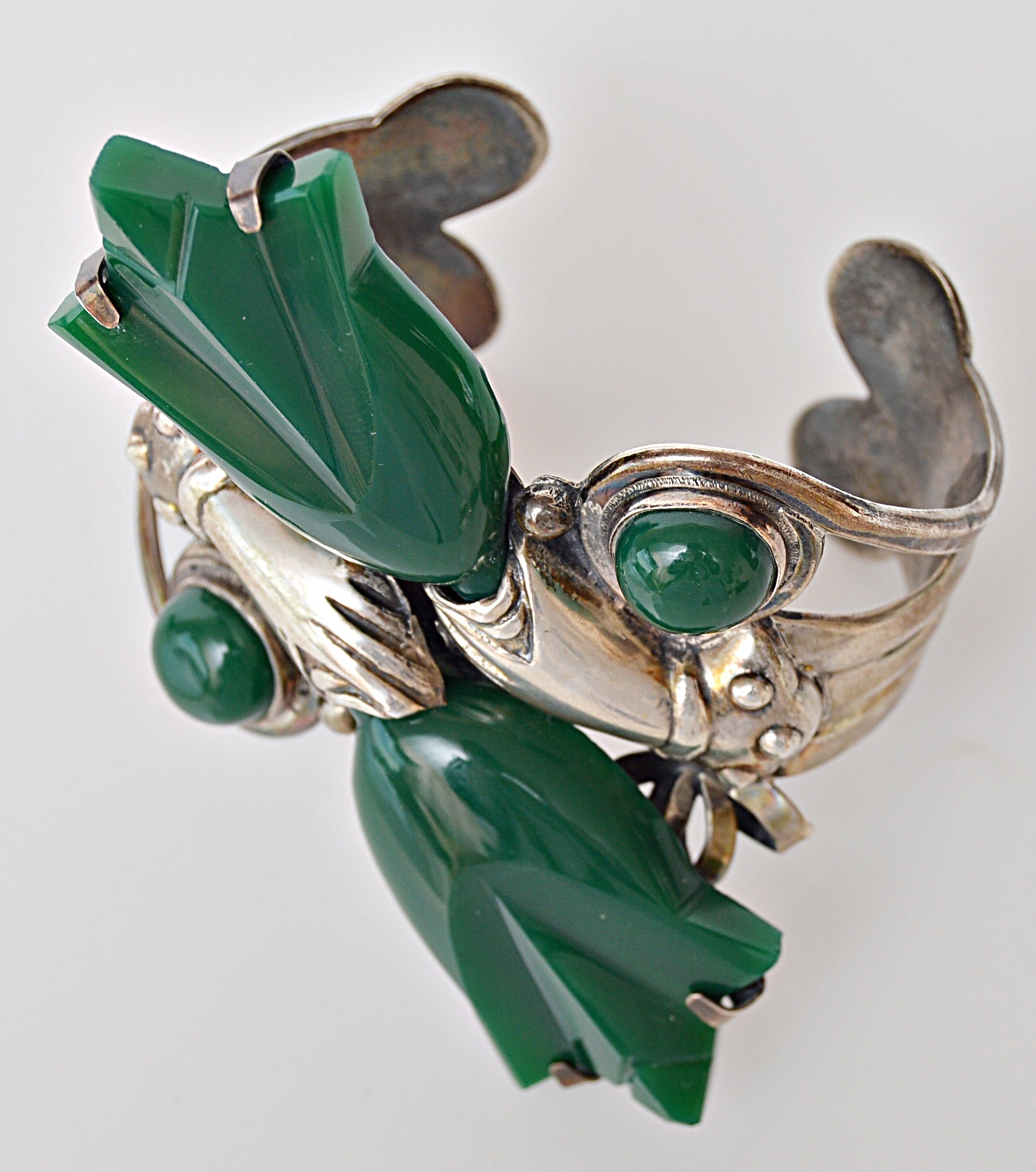 Vintage Taxco Sterling Silver and Green Glass Cuff