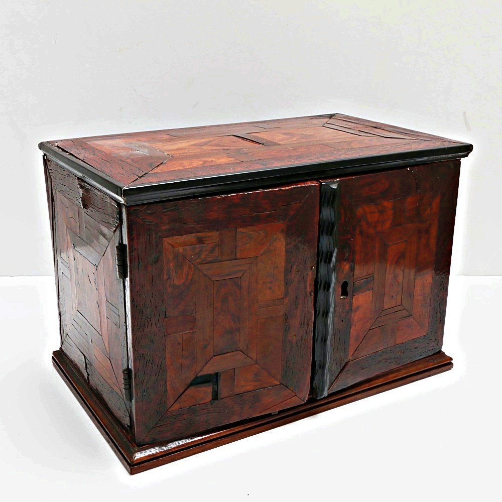 Antique Dutch Snakewood, Ebony, and East Indian Rosewood Parquetry Spice Cabinet