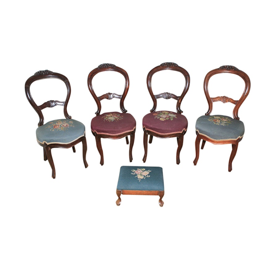 Set of Vintage Victorian Style Side Chairs with Footstool