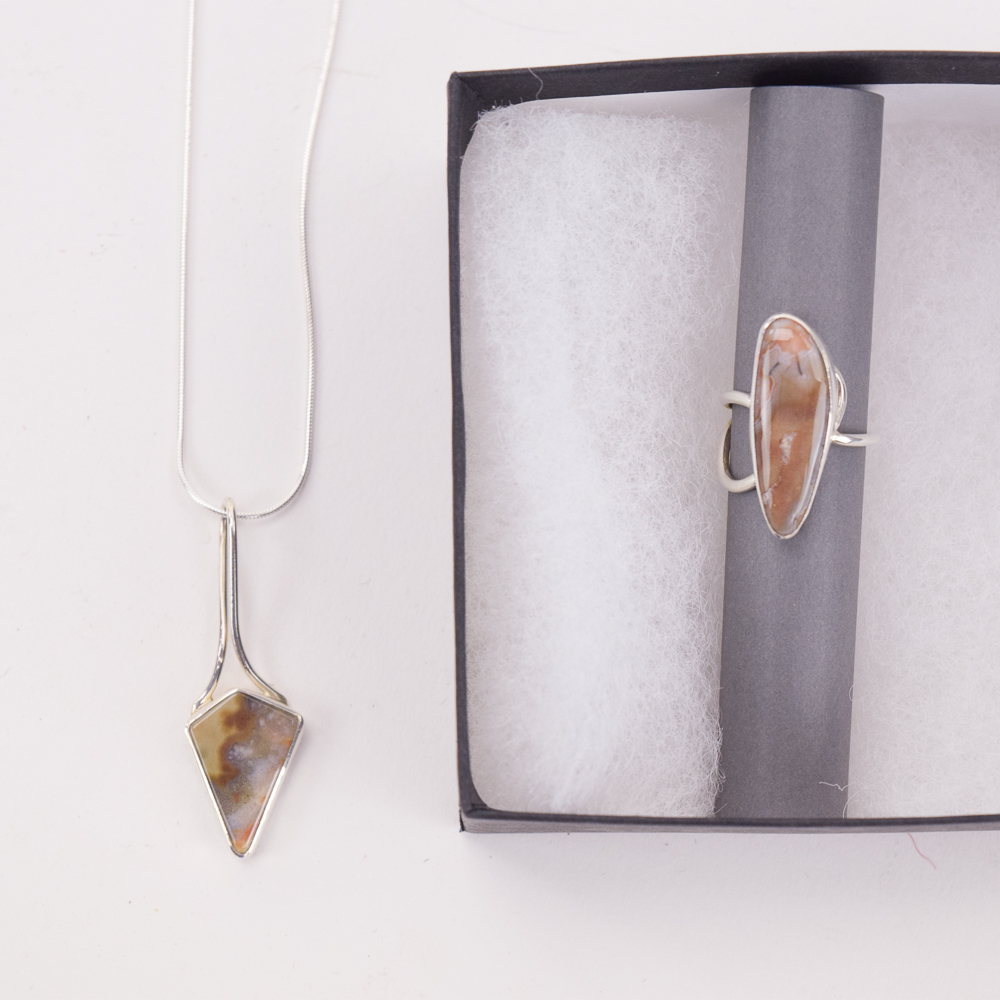 Savane's Silver Sterling Agate Necklace and Ring