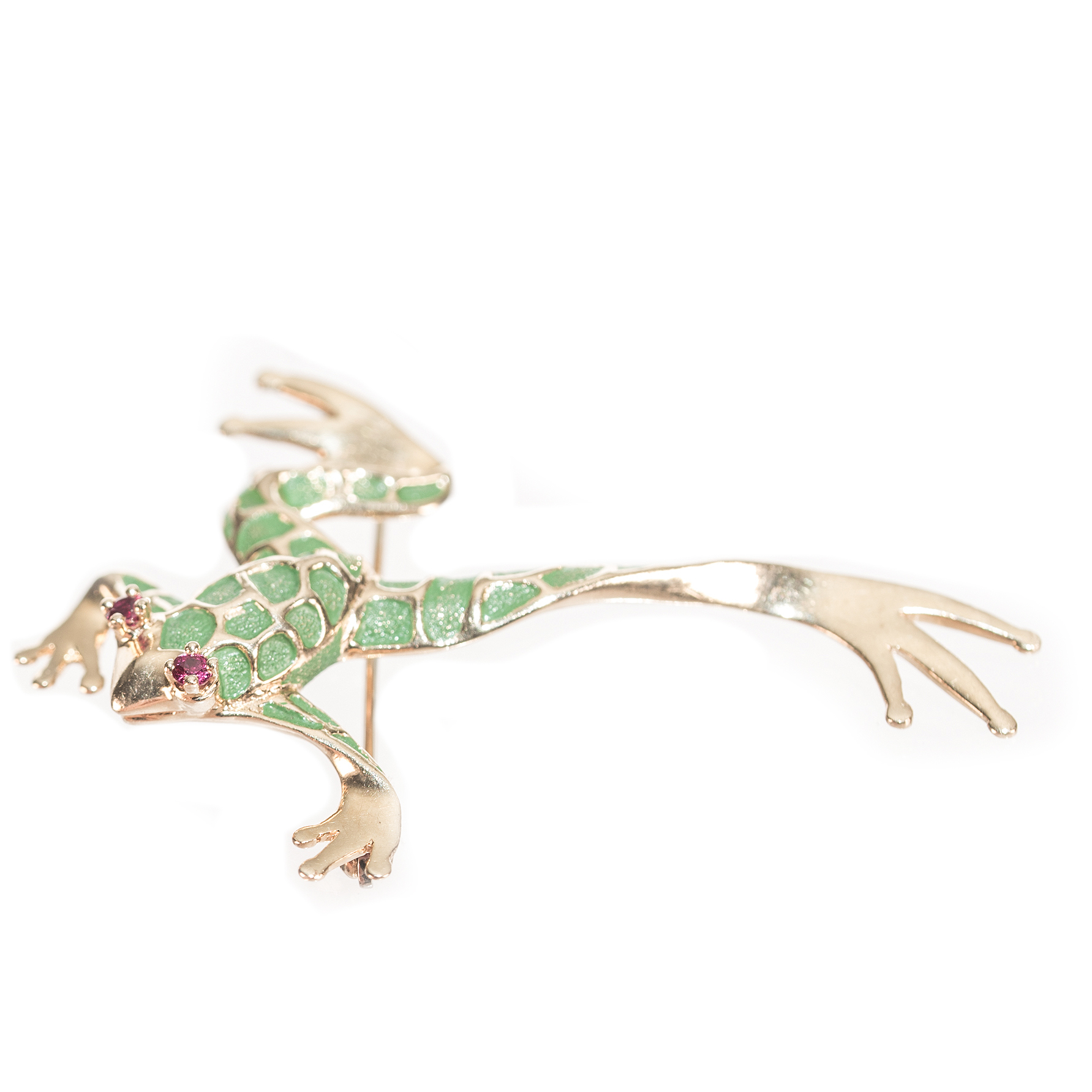14K Yellow Gold Green Enamel and Ruby Frog Brooch