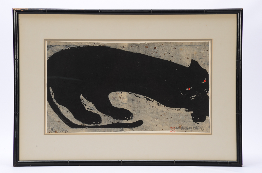 Iwao Akiyama Limited Edition Block Print of a Black Cat