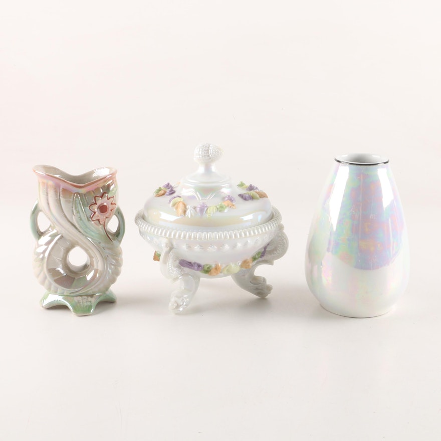 Vintage Argonaut with Pastel Shells Covered Compote and Lustreware Vases