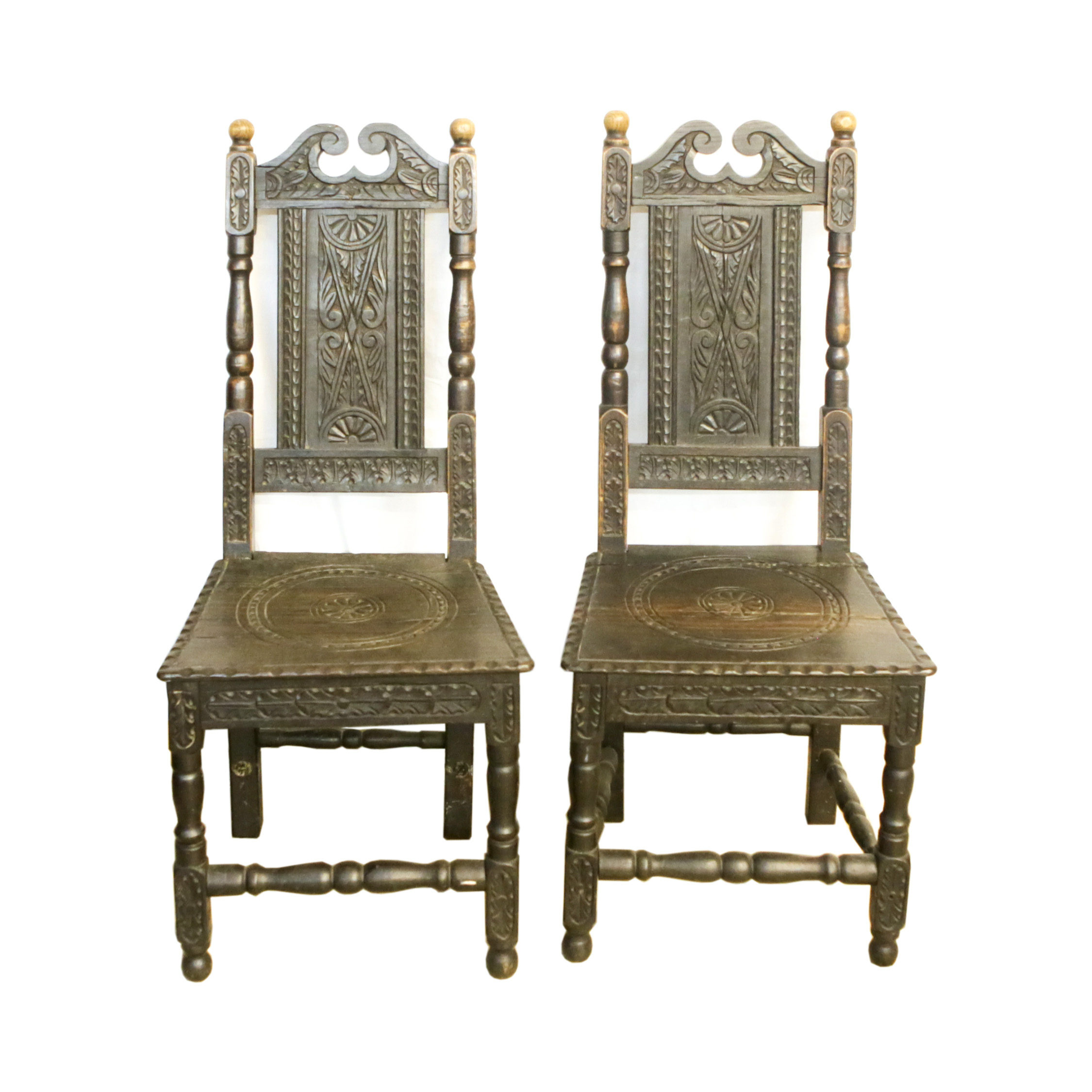 Pair of Vintage Tudor Revival Style Carved Oak Side Chairs