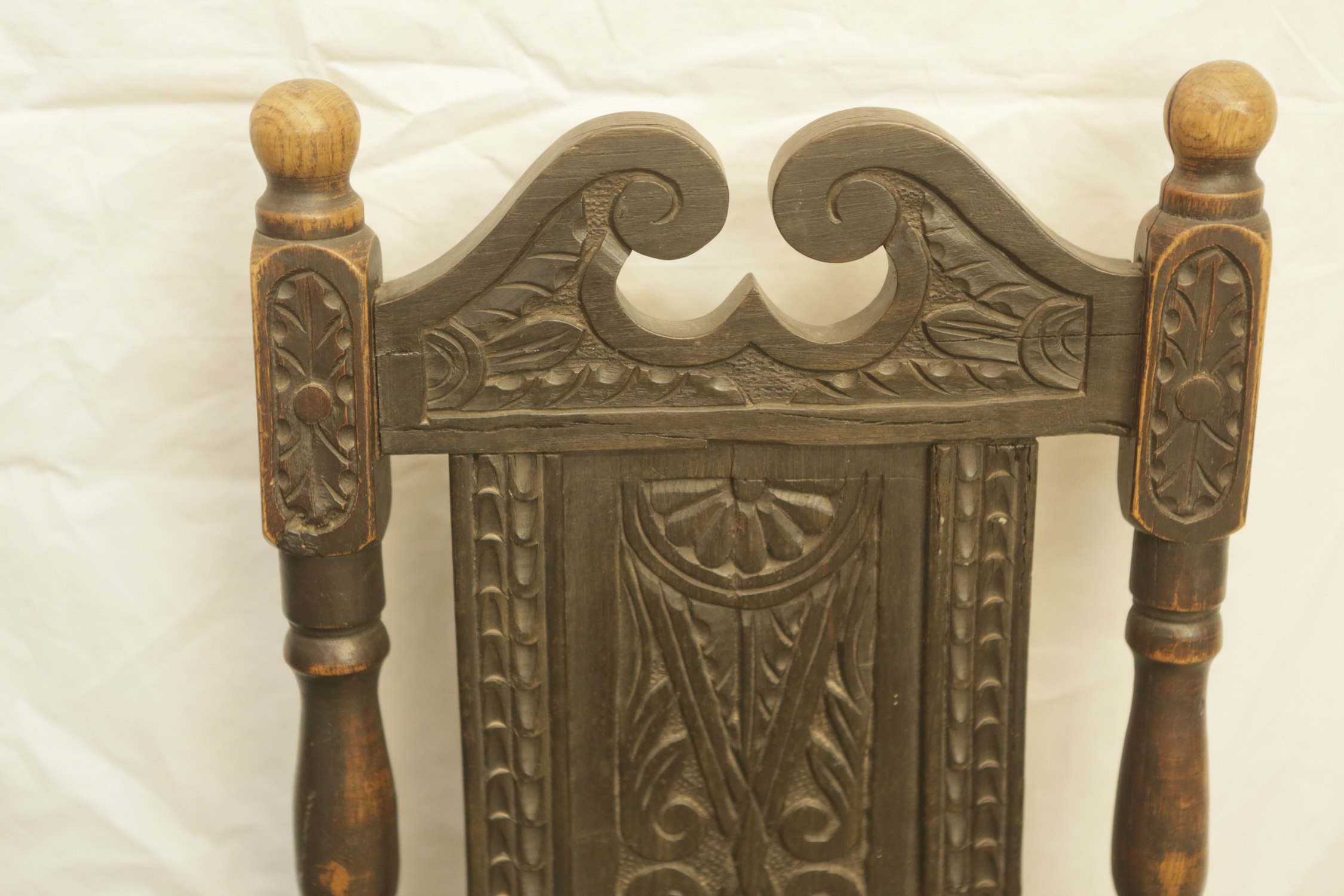 Pair of Vintage Tudor Revival Style Carved Oak Side Chairs