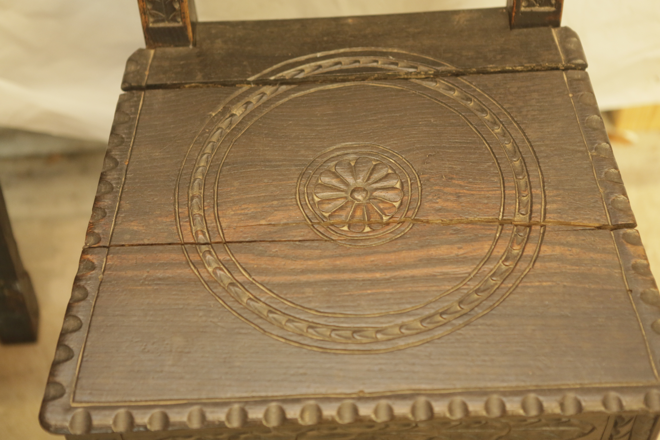 Pair of Vintage Tudor Revival Style Carved Oak Side Chairs