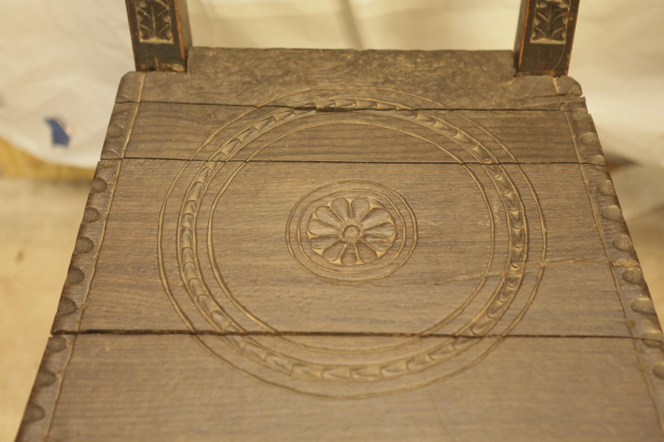 Pair of Vintage Tudor Revival Style Carved Oak Side Chairs