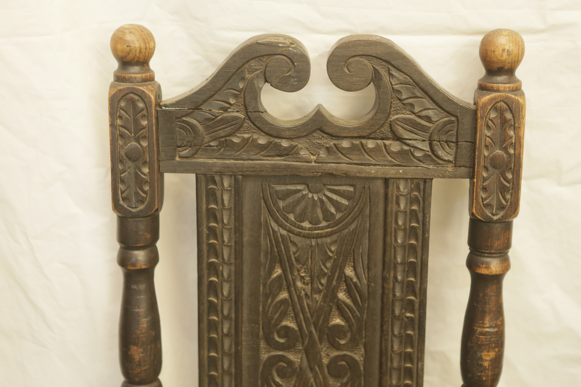 Pair of Vintage Tudor Revival Style Carved Oak Side Chairs