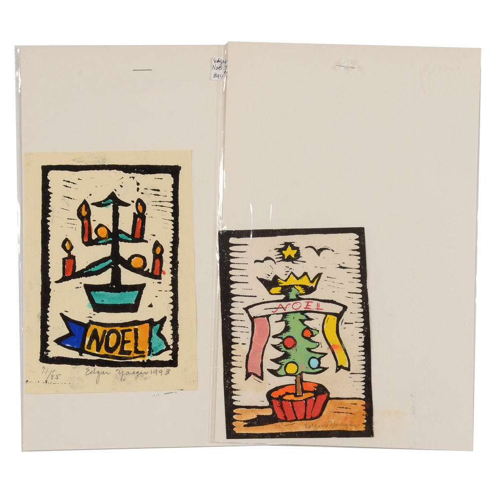 Pair of Edgar Yaeger Hand-Colored Christmas Themed Woodblock Prints