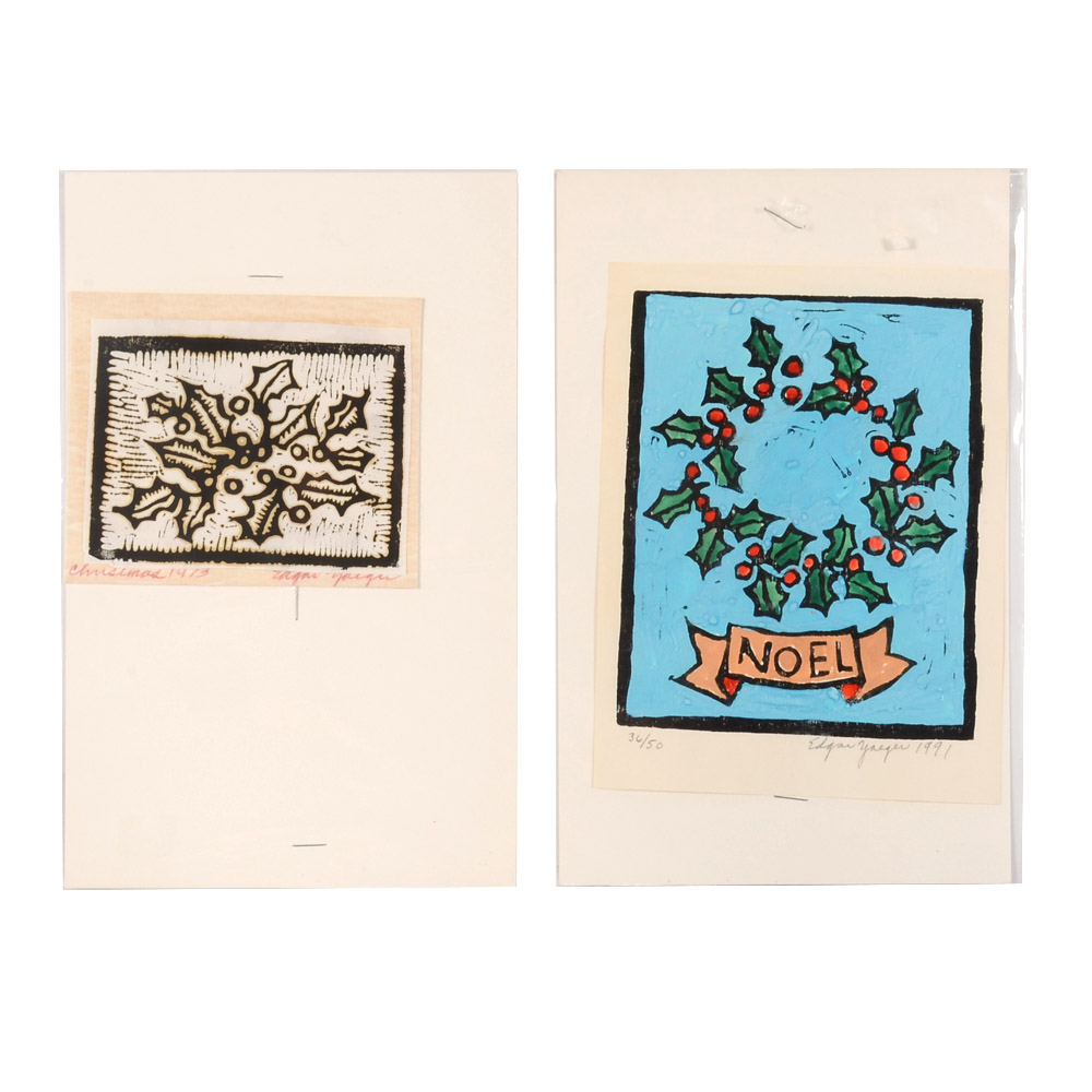 Pair of Edgar Yaeger Hand-Colored Woodblocks of Holly