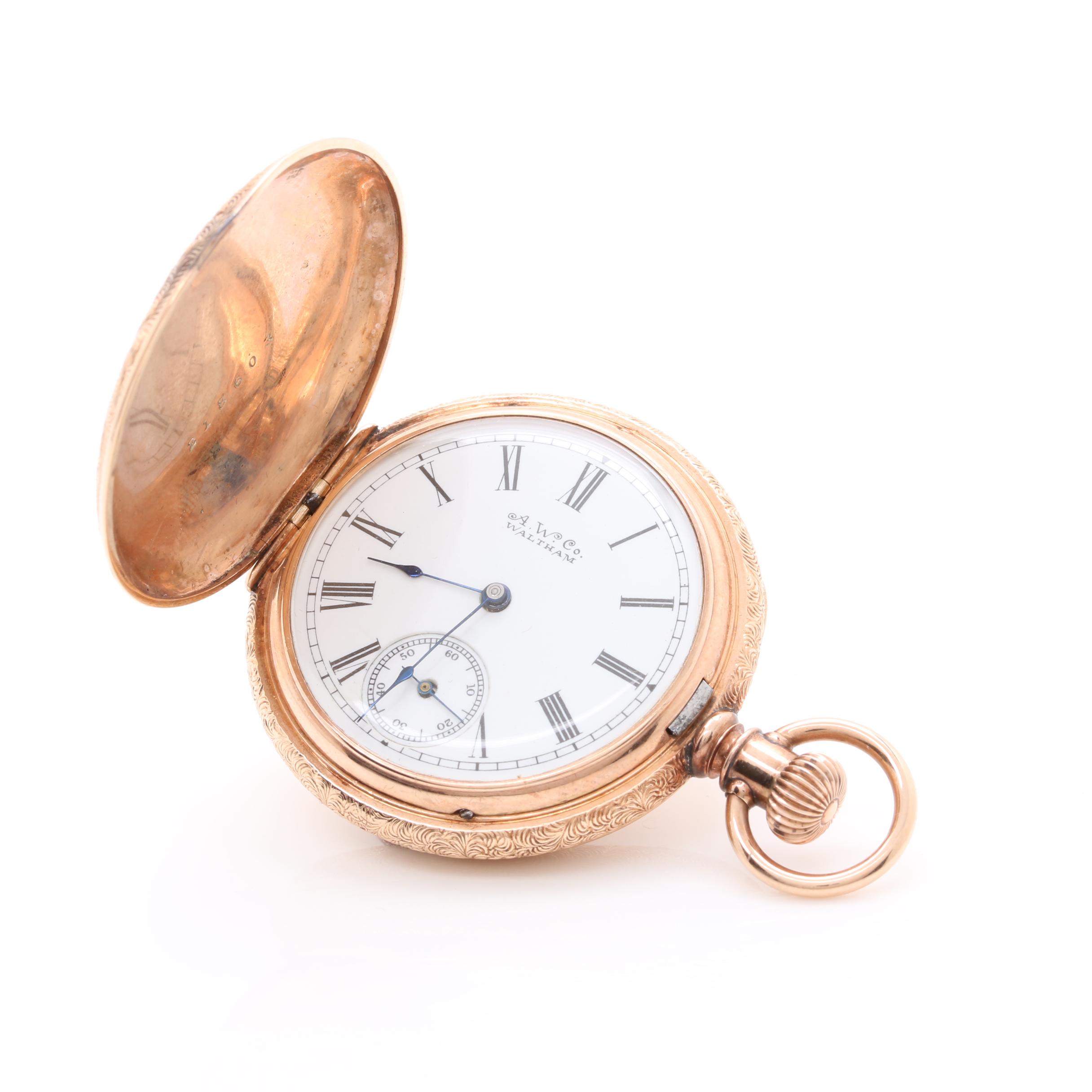 Waltham 14K Multi Color Gold Hunting Case Pocket Watch With Diamond Accent