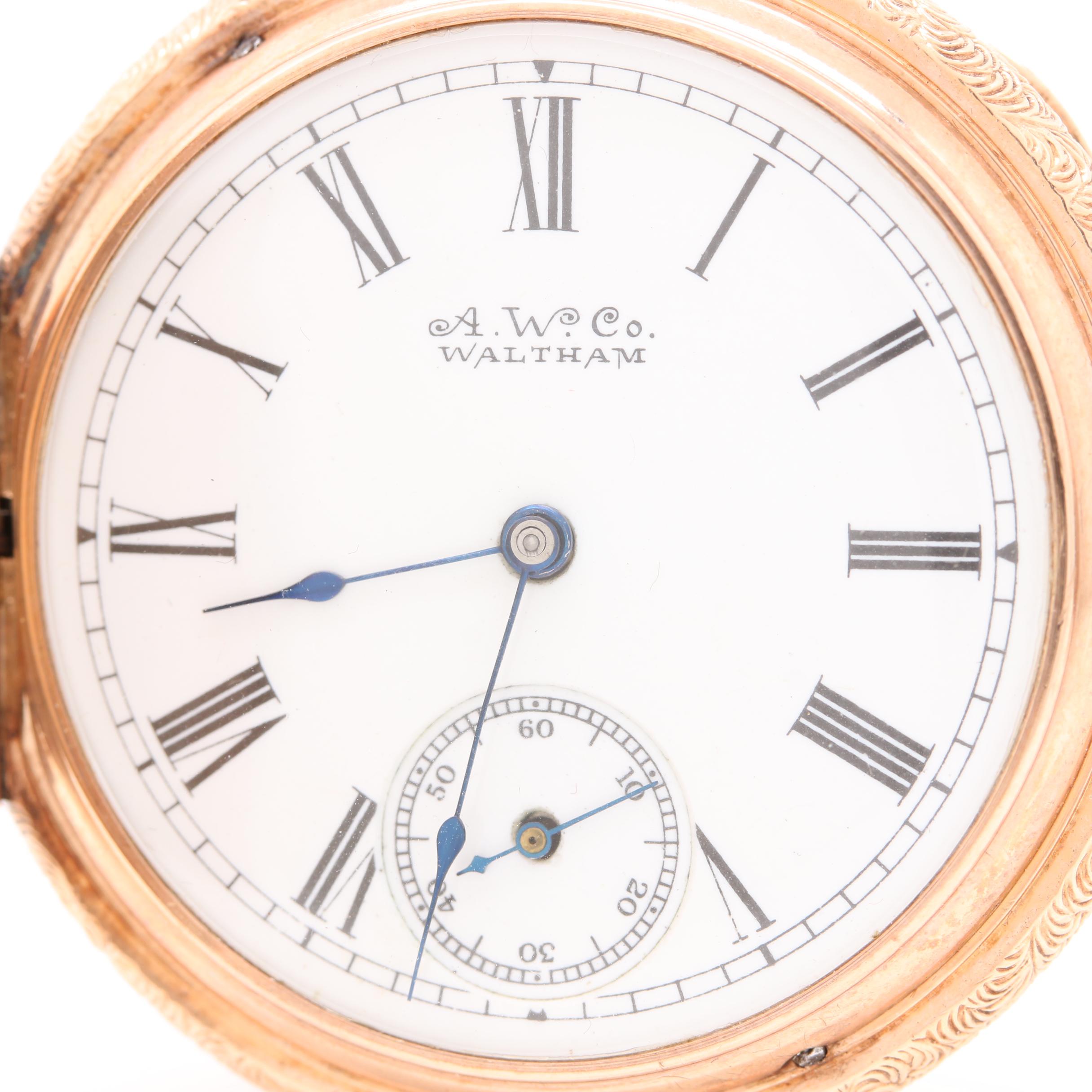 Waltham 14K Multi Color Gold Hunting Case Pocket Watch With Diamond Accent