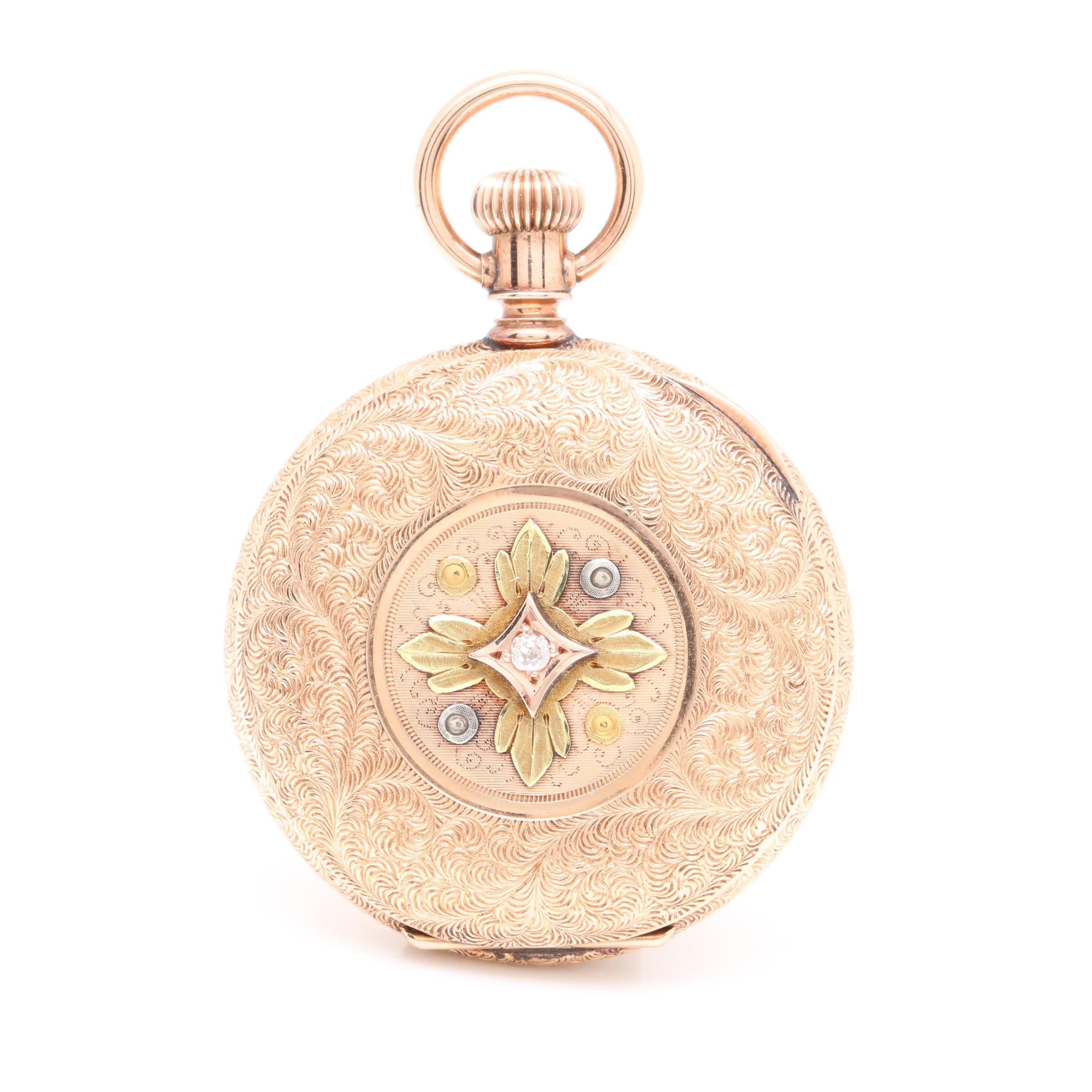Waltham 14K Multi Color Gold Hunting Case Pocket Watch With Diamond Accent