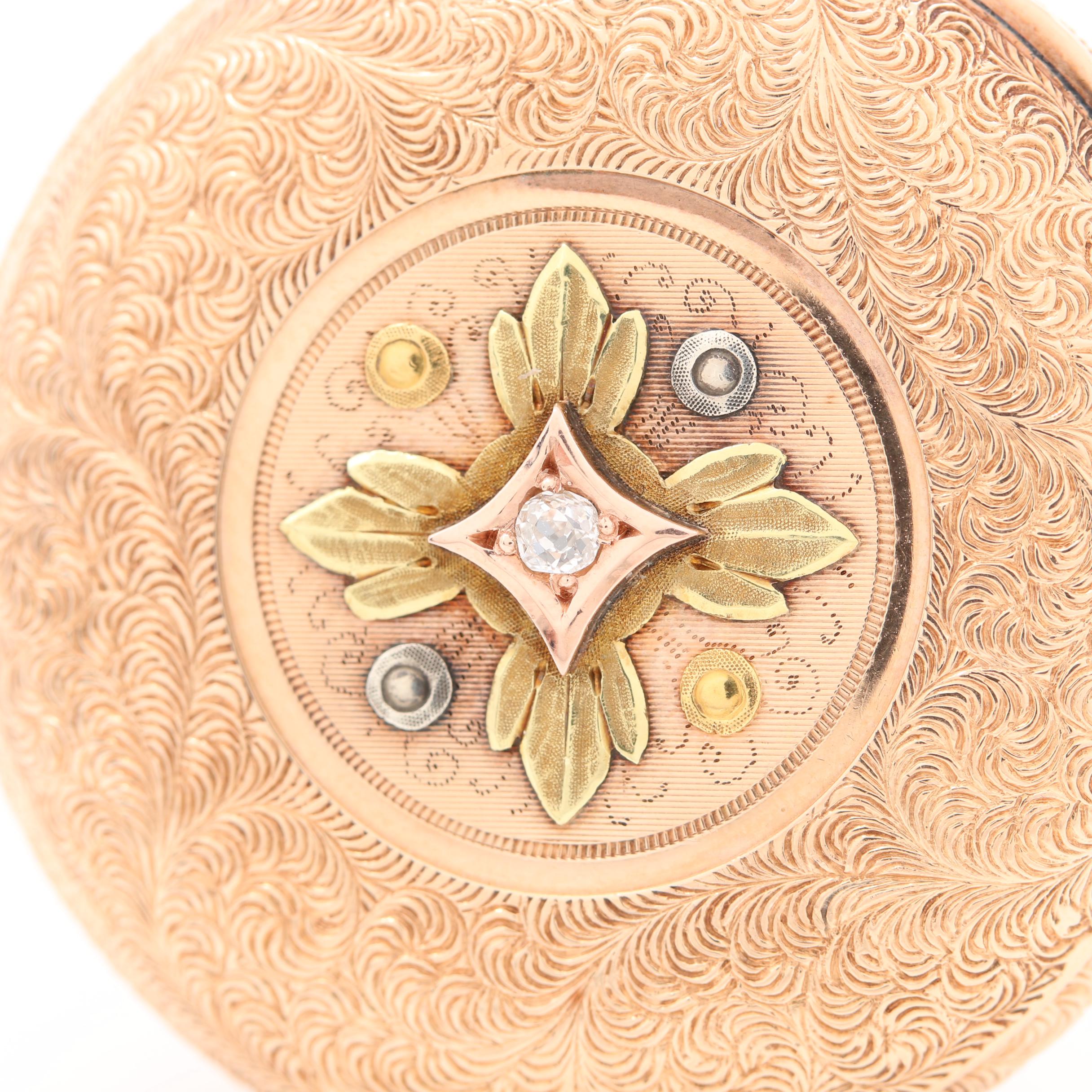 Waltham 14K Multi Color Gold Hunting Case Pocket Watch With Diamond Accent