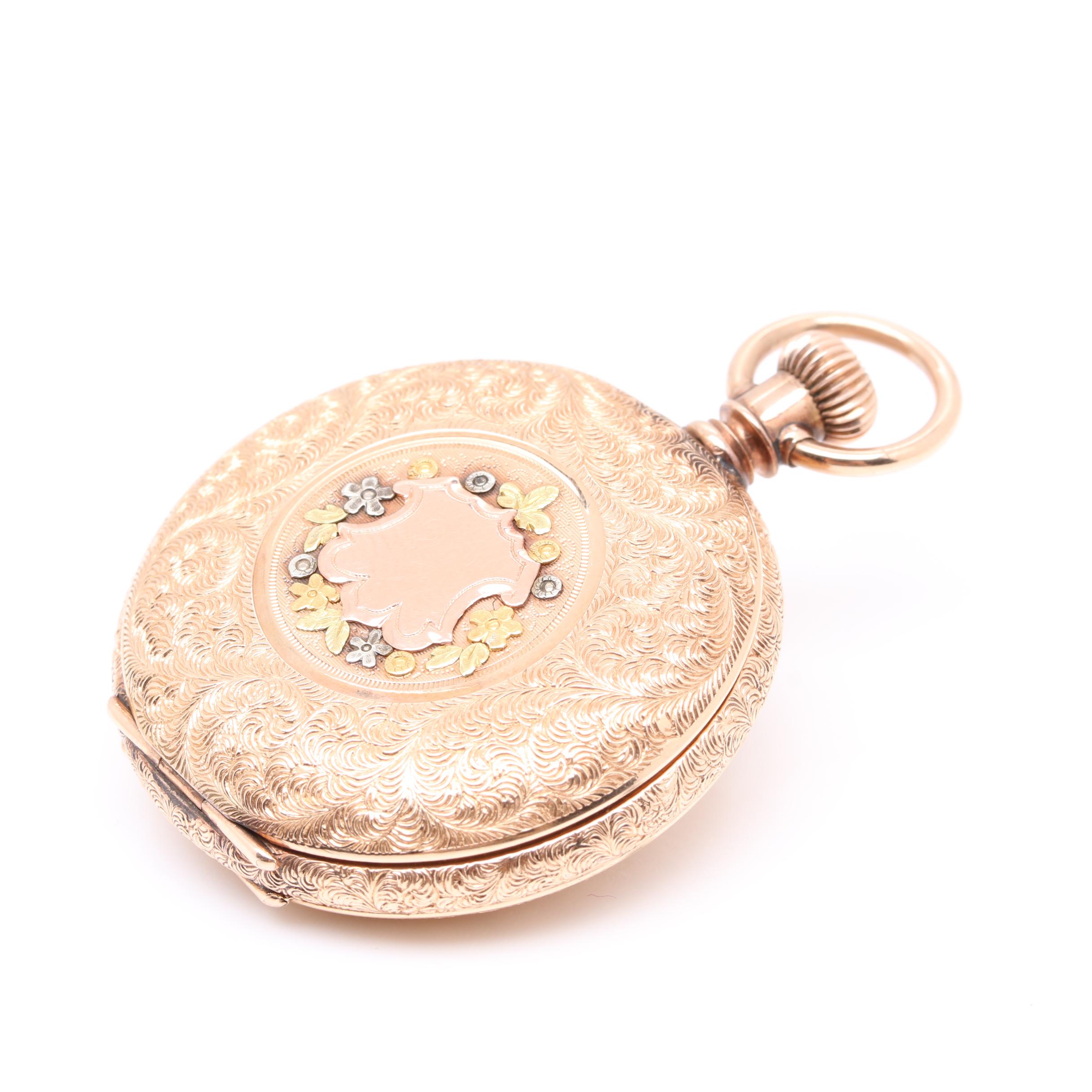 Waltham 14K Multi Color Gold Hunting Case Pocket Watch With Diamond Accent