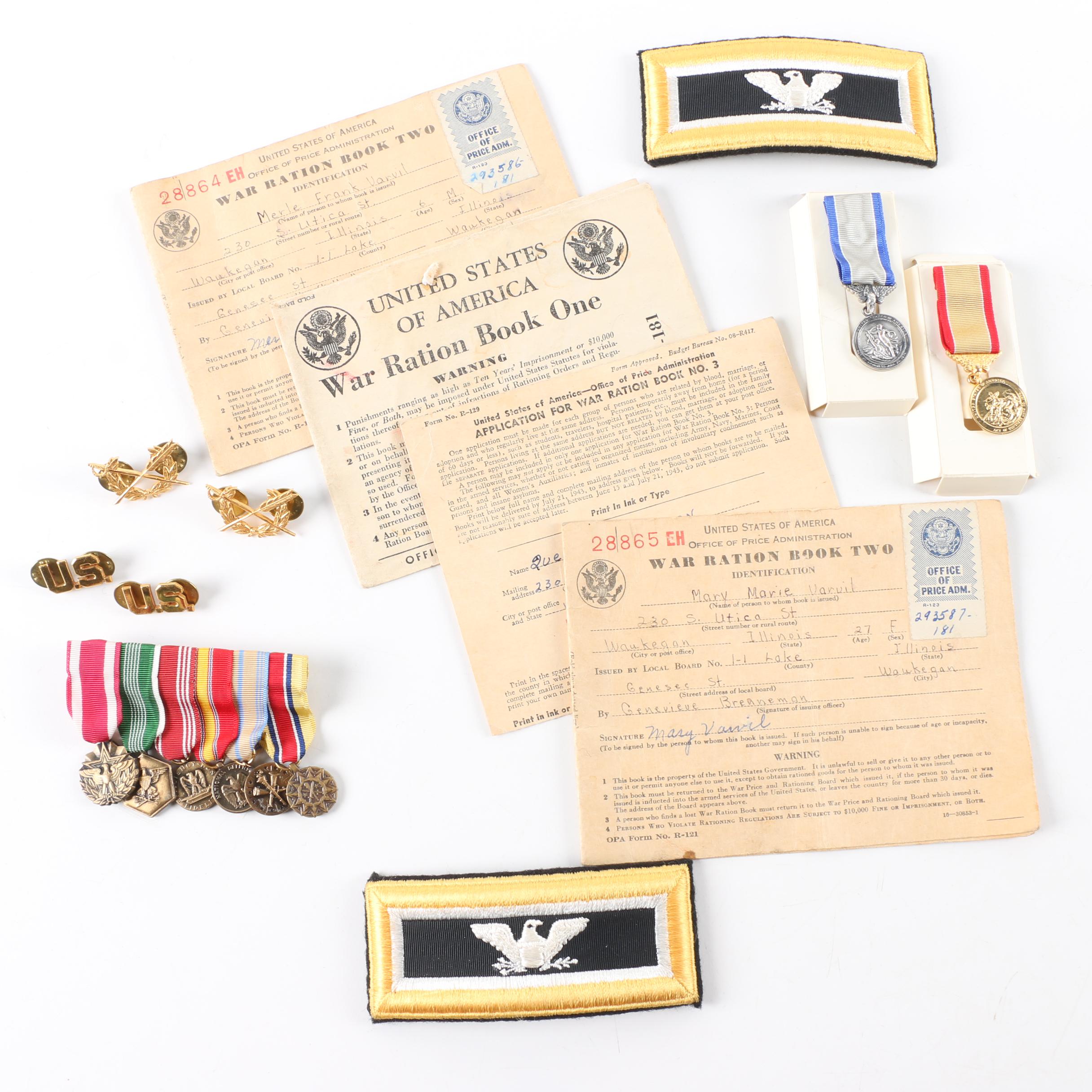World War II Era War Ration Books with Medals, Patches, and Pins