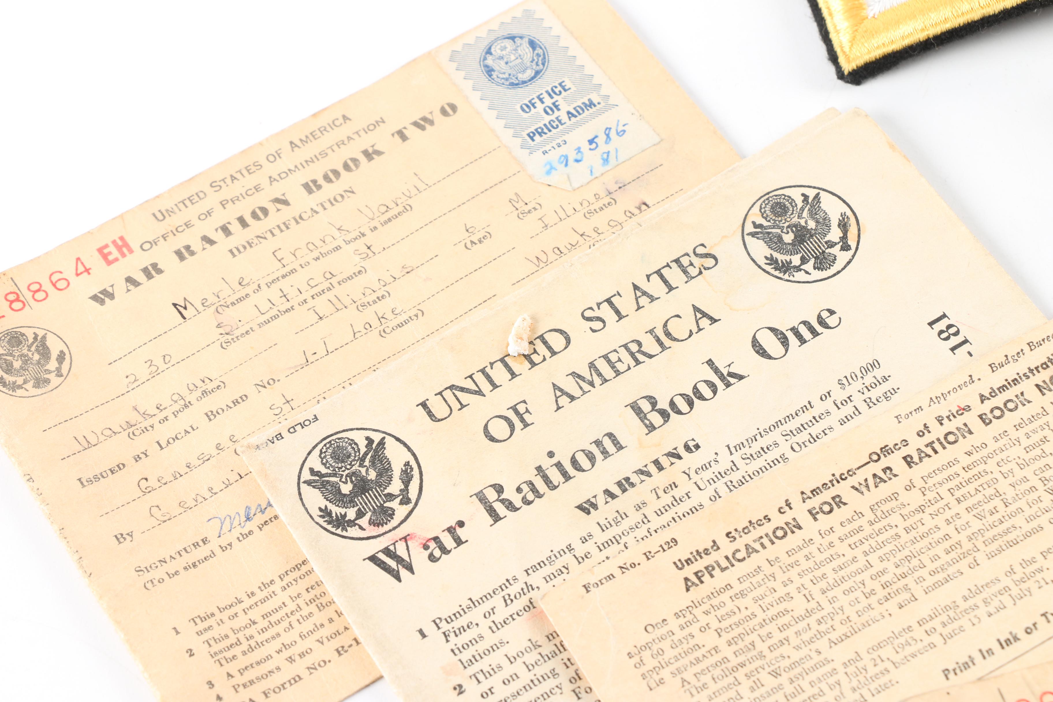 World War II Era War Ration Books with Medals, Patches, and Pins