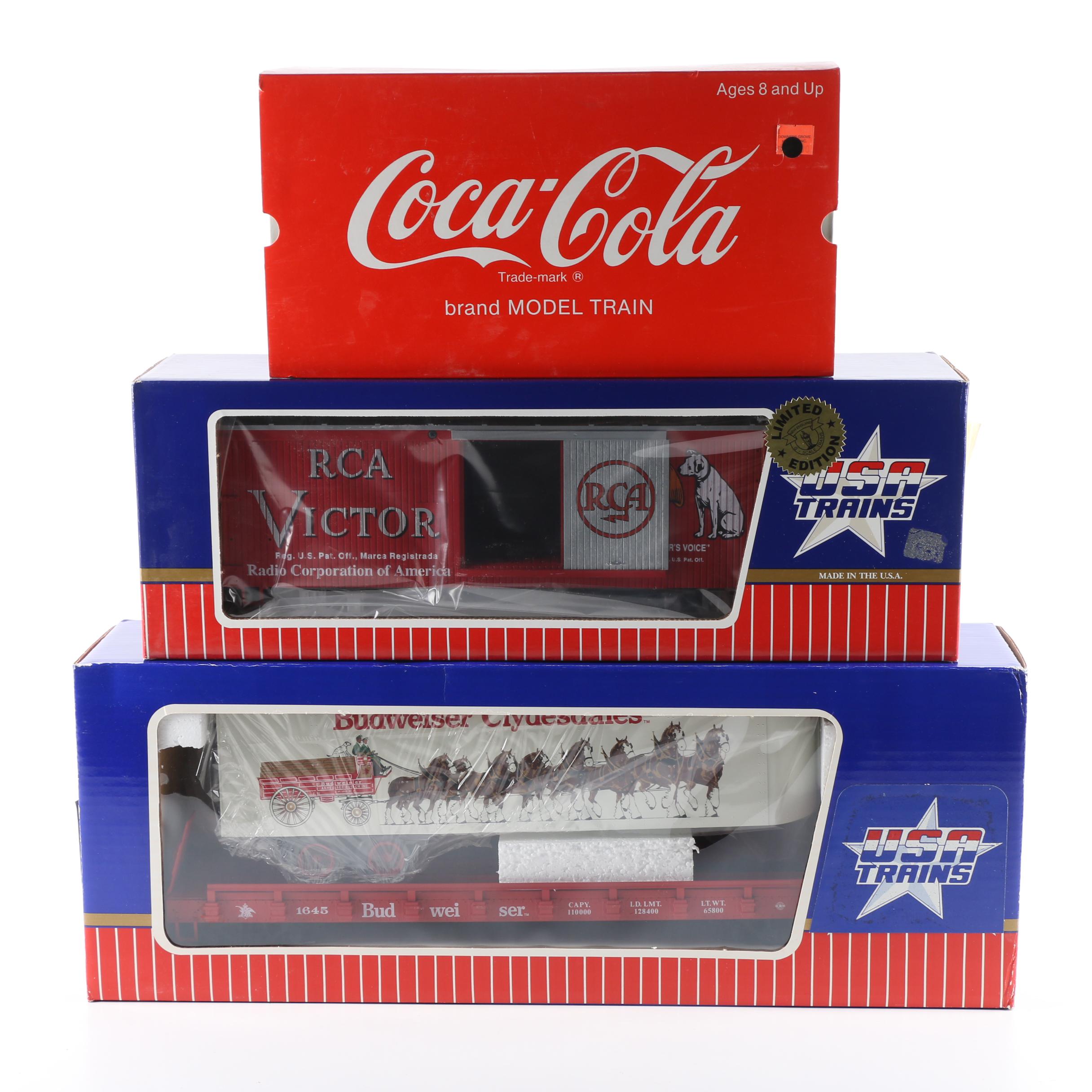 Coca-Cola, RCA Victor, and Budweiser Train Cars