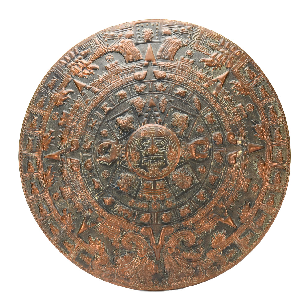 Mexican Copper Aztec Calendar Wall Sculpture