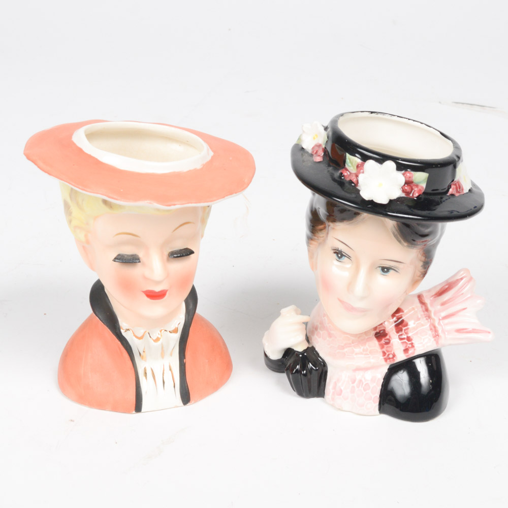 1940s and 1950s Porcelain Lady Head Vases Featuring Mary Poppins