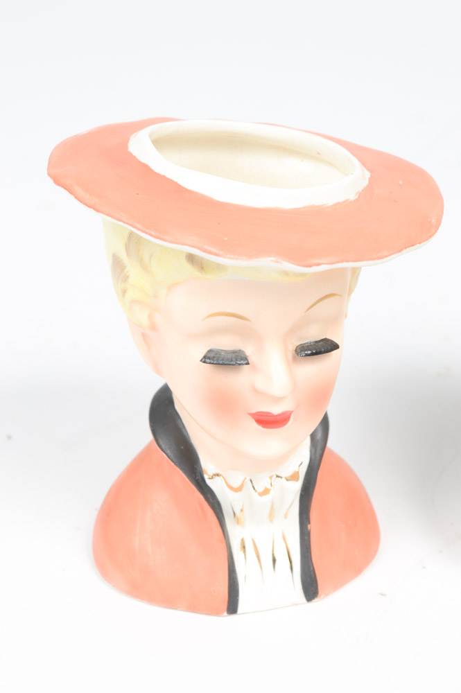 1940s and 1950s Porcelain Lady Head Vases Featuring Mary Poppins