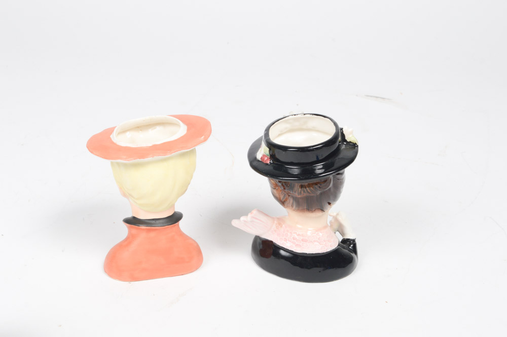 1940s and 1950s Porcelain Lady Head Vases Featuring Mary Poppins