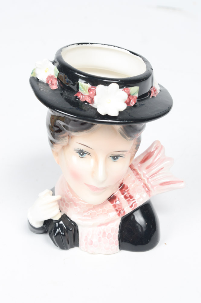 1940s and 1950s Porcelain Lady Head Vases Featuring Mary Poppins