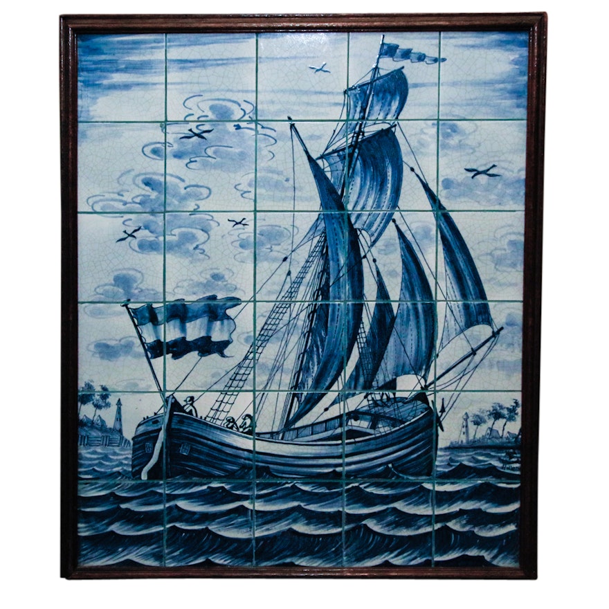 Blue and White Delft Style Ceramic Tile Panel of Sailing Vessel