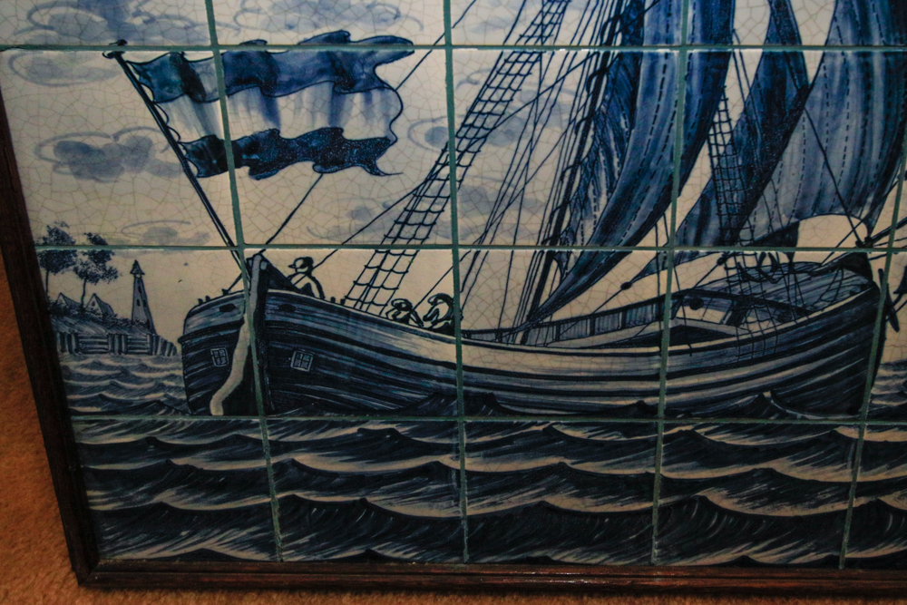 Blue and White Delft Style Ceramic Tile Panel of Sailing Vessel