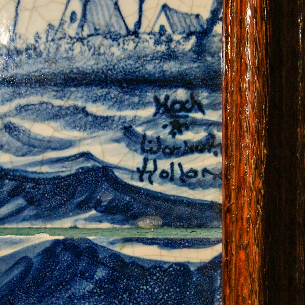 Blue and White Delft Style Ceramic Tile Panel of Sailing Vessel