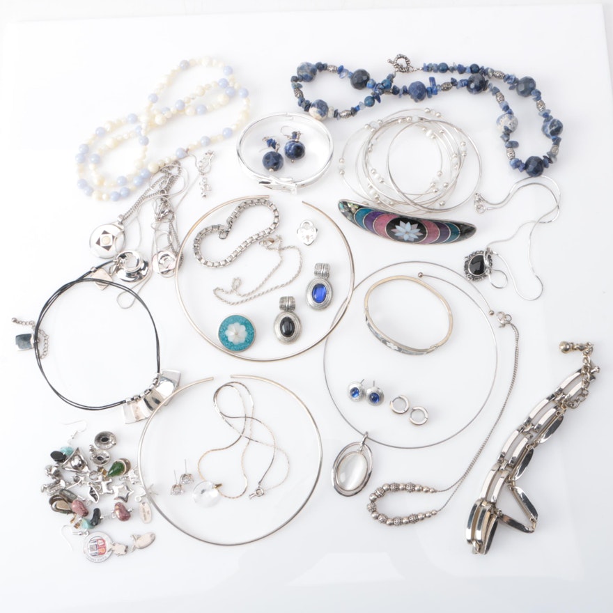 Silver-Tone Jewelry Assortment Including Abalone and Agate