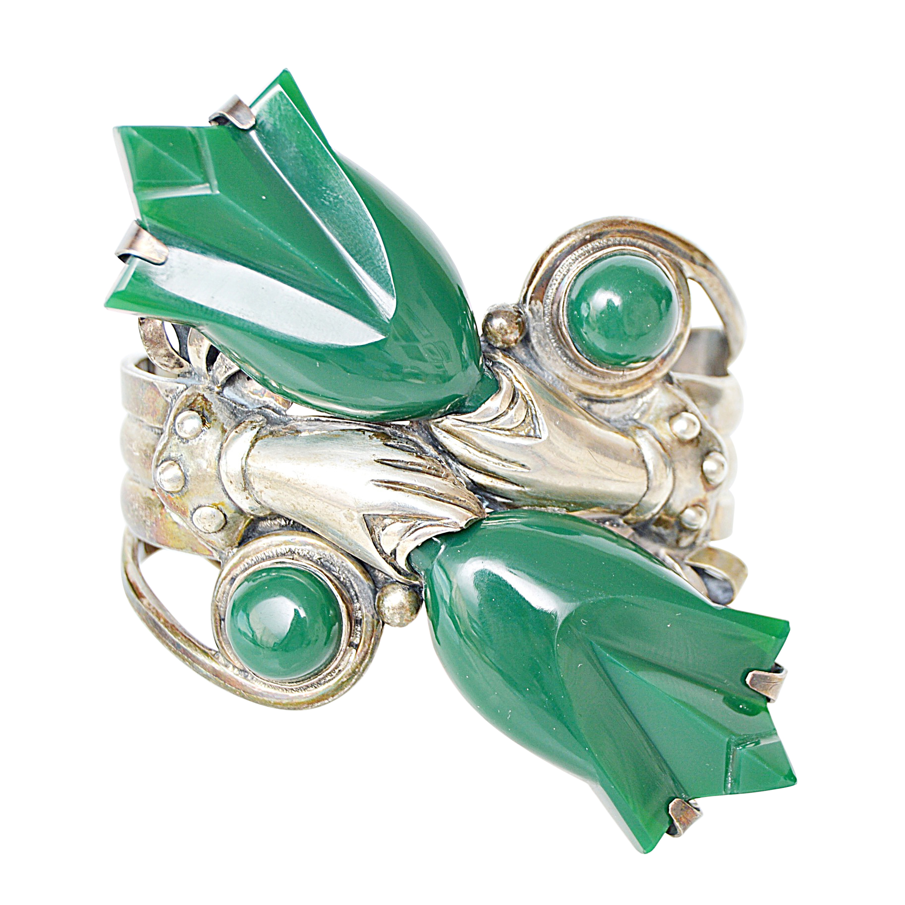 Vintage Taxco Sterling Silver and Green Glass Cuff