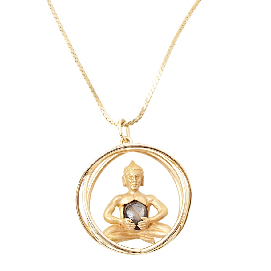 14K Yellow Gold Black Star Sapphire Seated Buddha Pendant Necklace