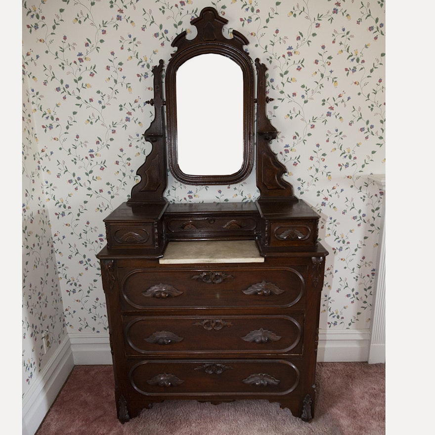 Antique Victorian Marble Top Walnut Dresser and Mirror