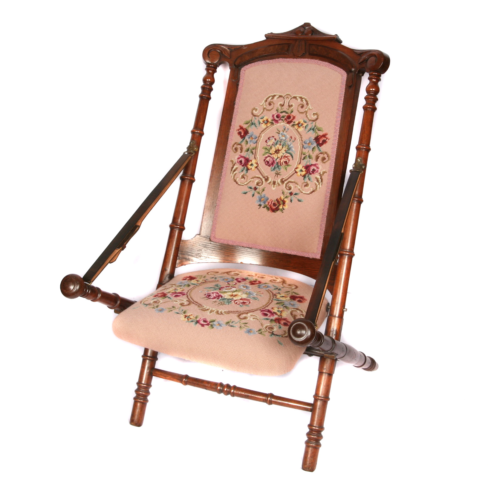 Antique Victorian Needlepoint Upholstered Folding Chair with Leather Straps