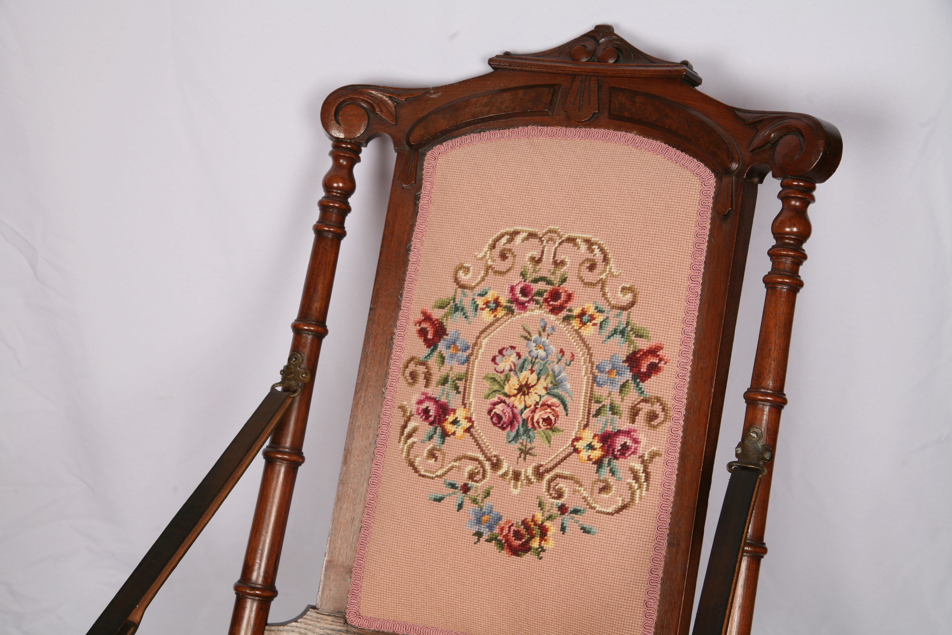 Antique Victorian Needlepoint Upholstered Folding Chair with Leather Straps