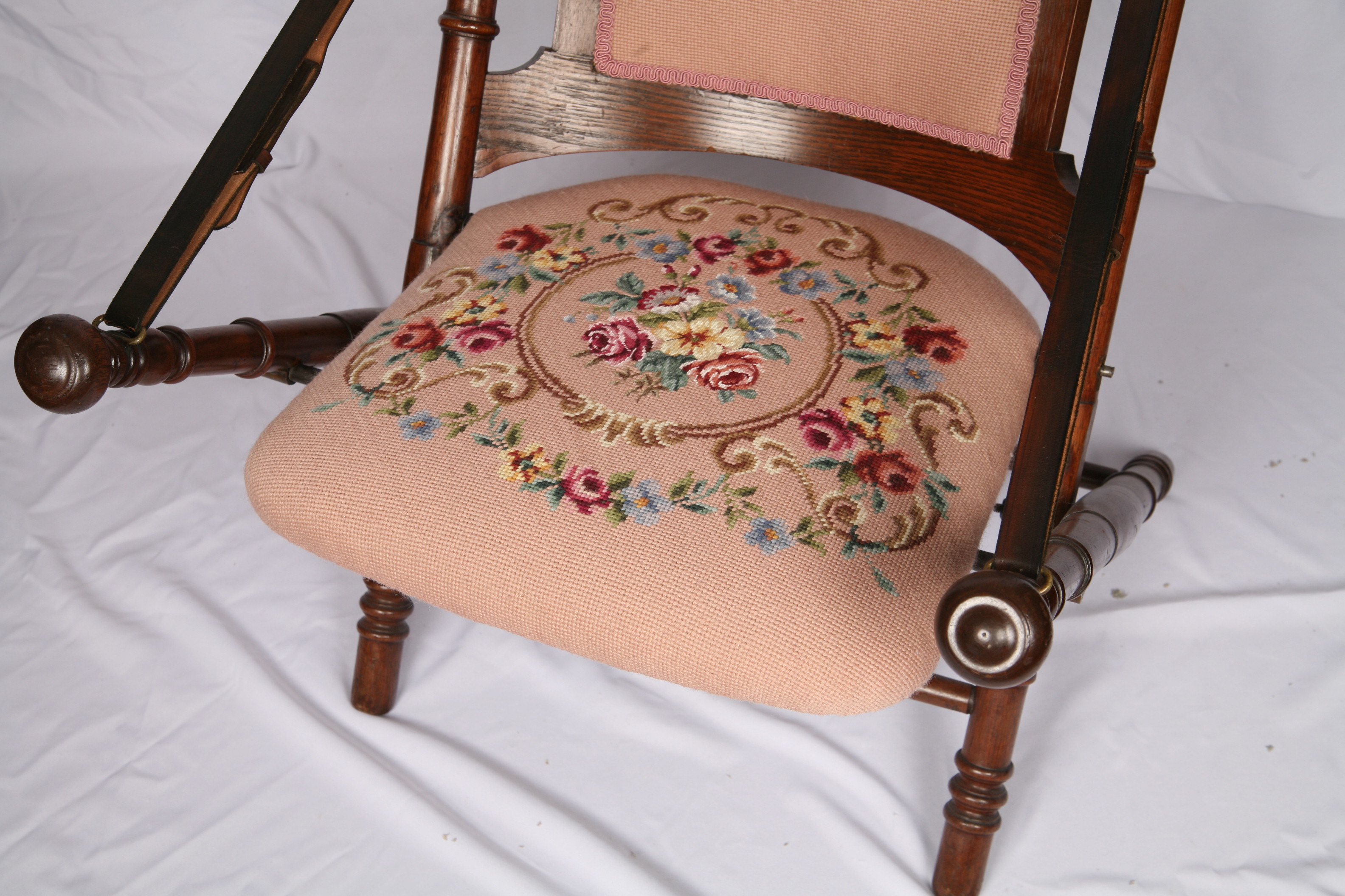 Antique Victorian Needlepoint Upholstered Folding Chair with Leather Straps