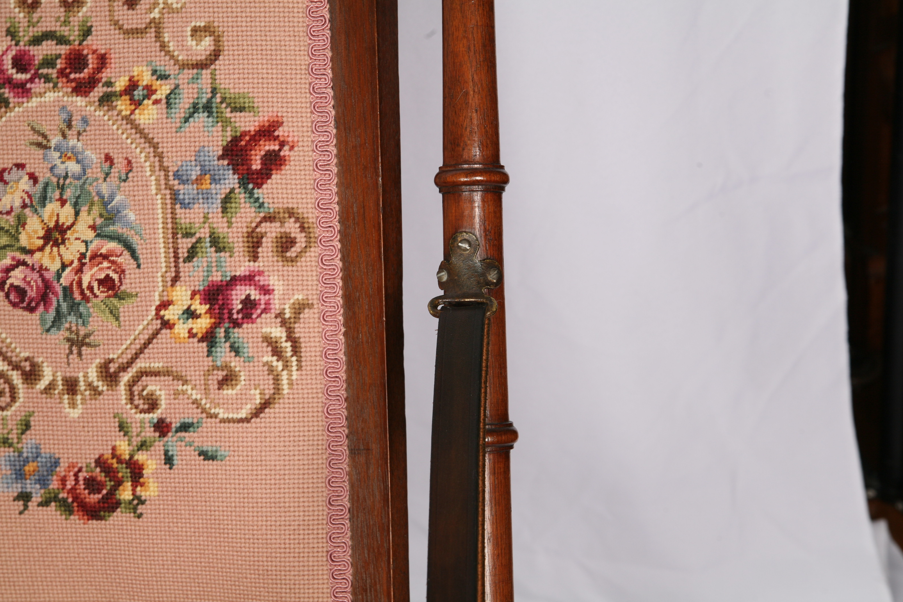 Antique Victorian Needlepoint Upholstered Folding Chair with Leather Straps