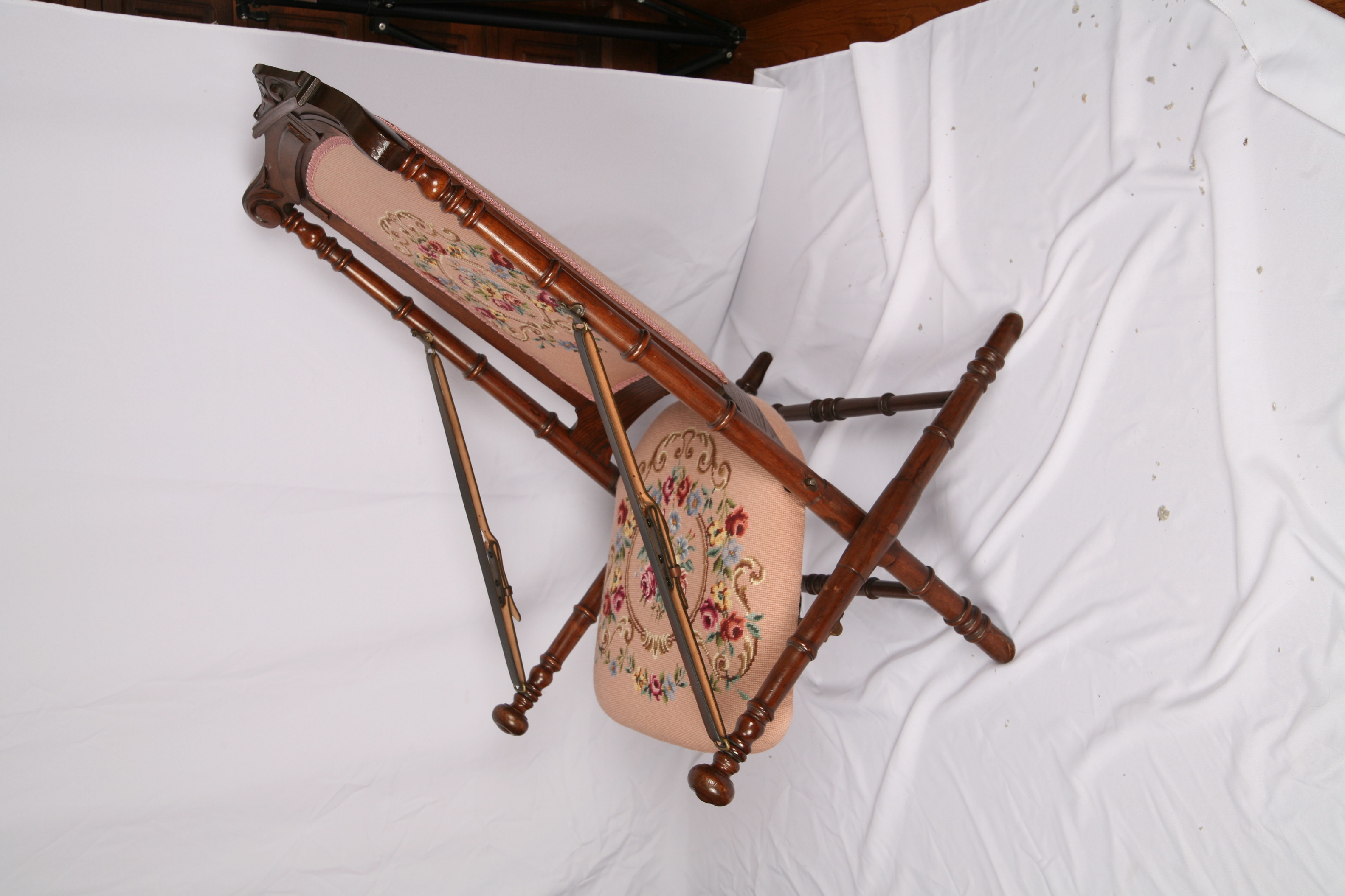 Antique Victorian Needlepoint Upholstered Folding Chair with Leather Straps