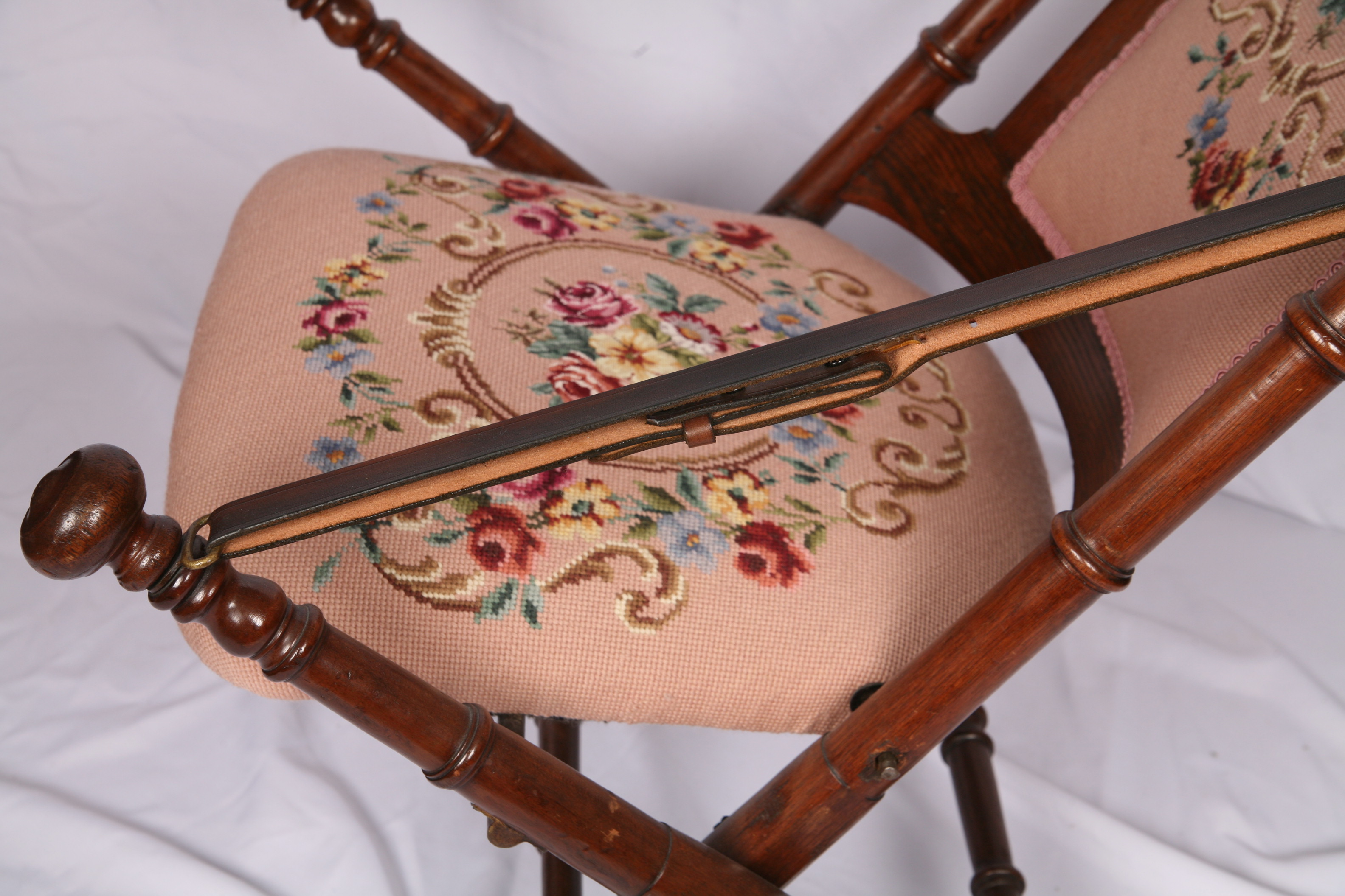 Antique Victorian Needlepoint Upholstered Folding Chair with Leather Straps
