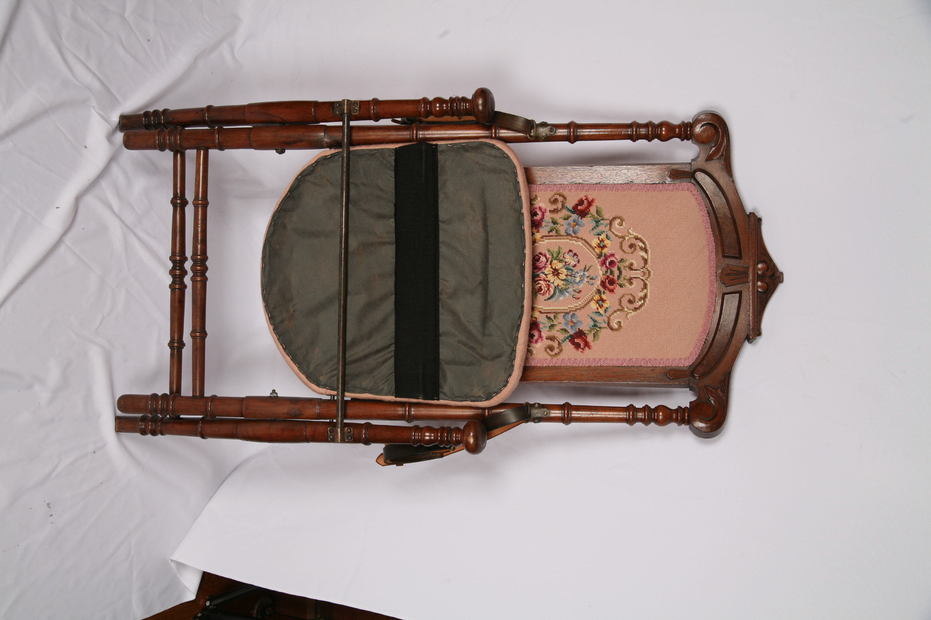 Antique Victorian Needlepoint Upholstered Folding Chair with Leather Straps