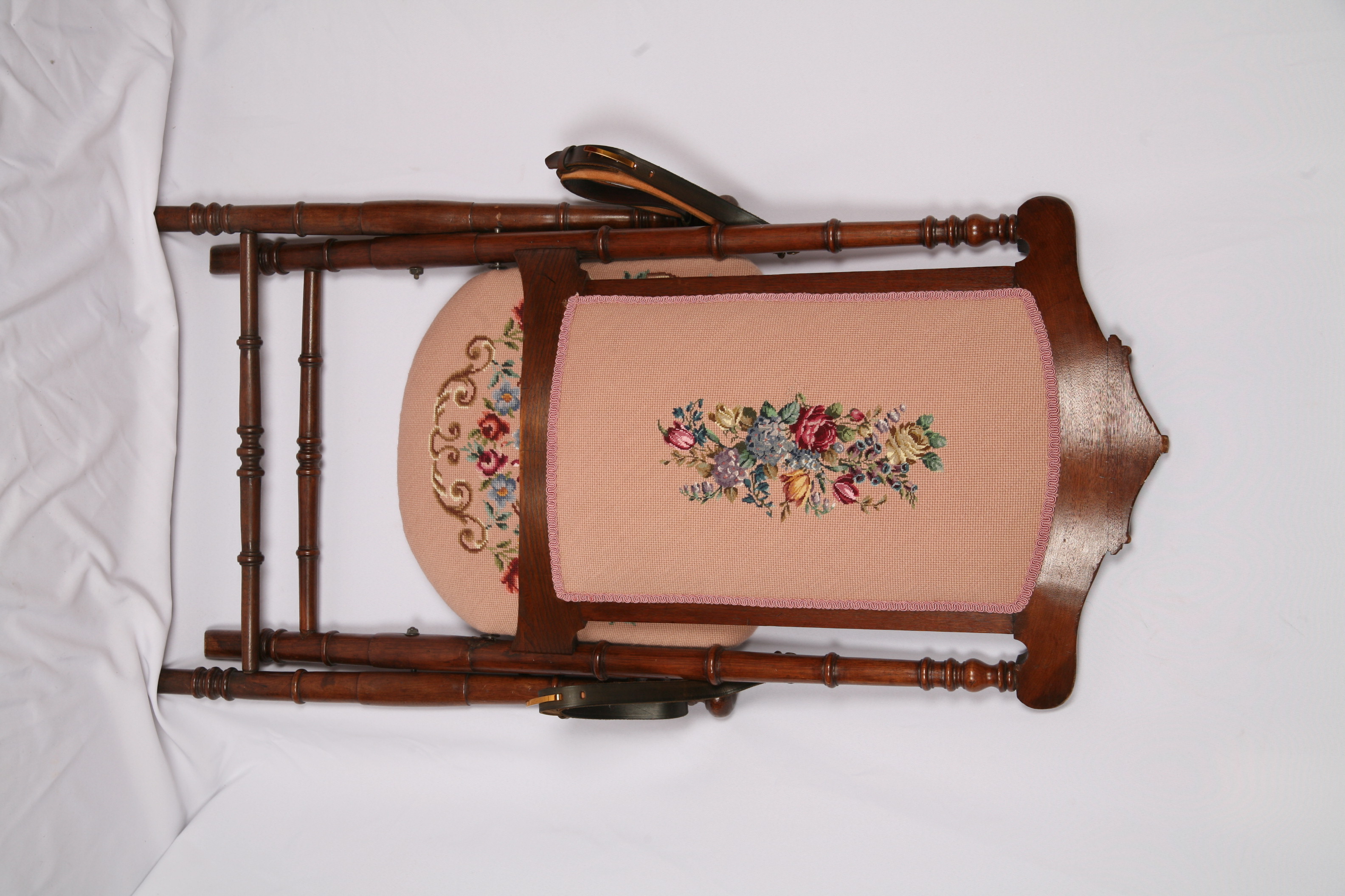 Antique Victorian Needlepoint Upholstered Folding Chair with Leather Straps