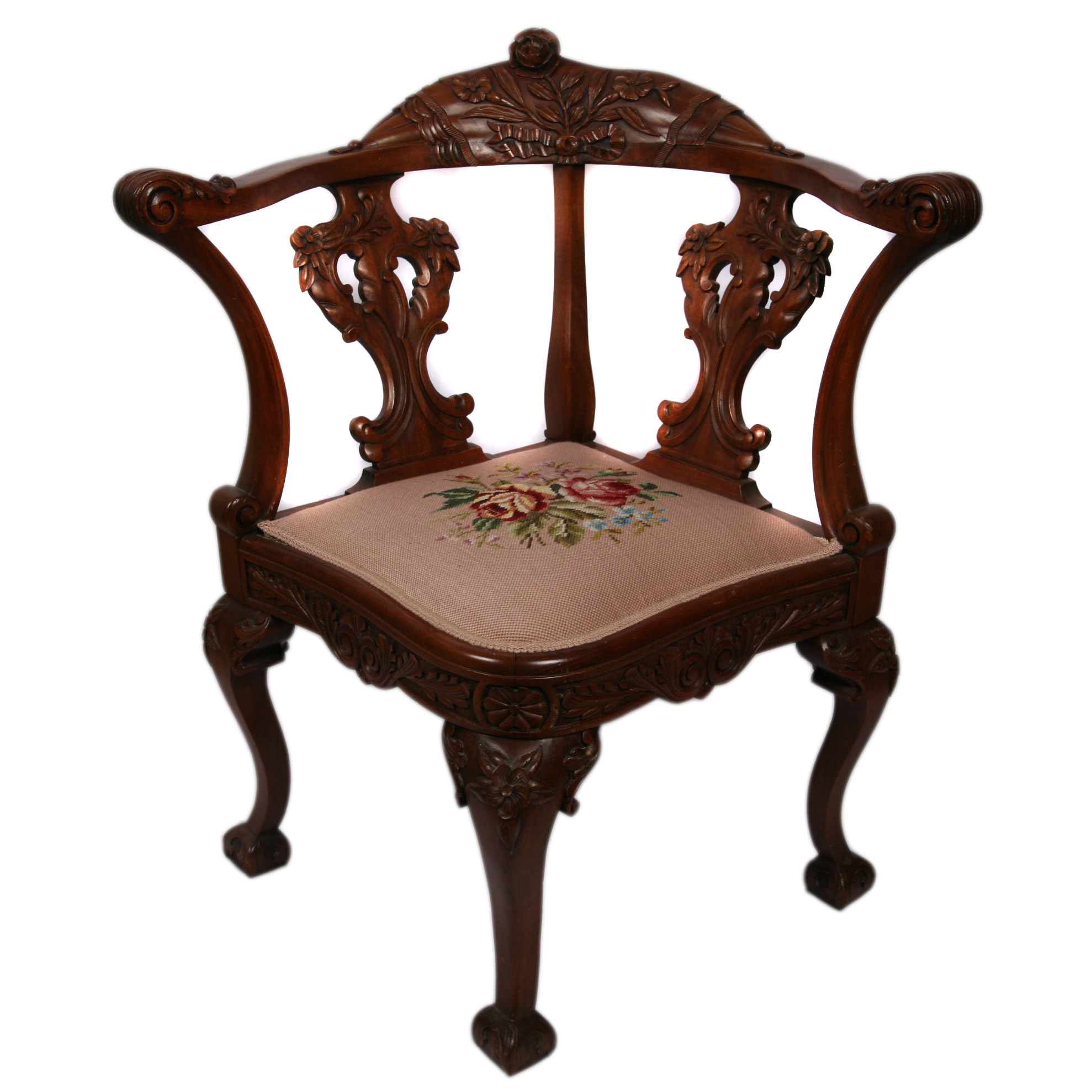 Vintage Chippendale Inspired Needlepoint Upholstered Corner Chair